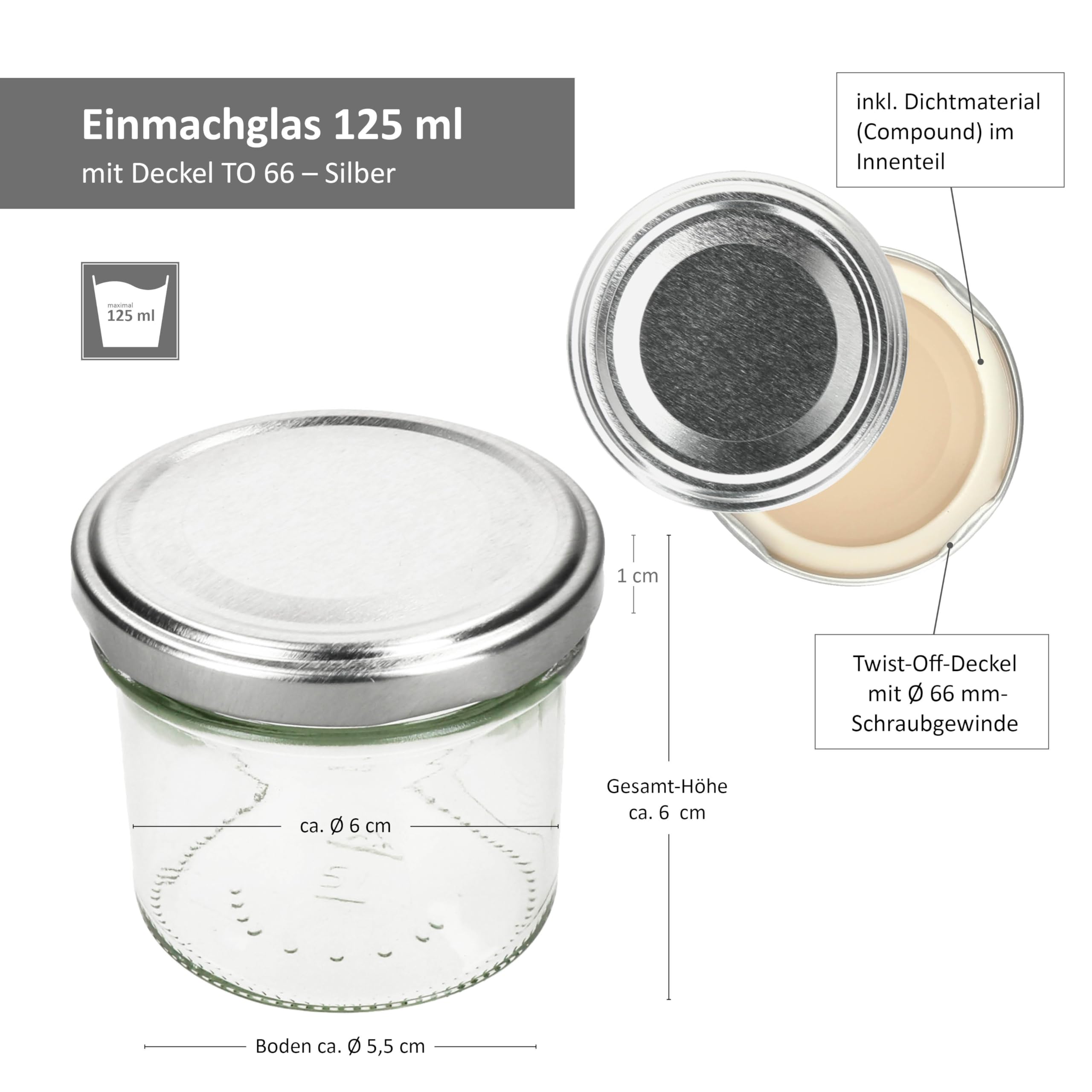 MamboCat 100er Set Sturzglas 125 ml Marmeladenglas Einmachglas Einweckglas To 66 silberner Deckel incl. Diamant-Zucker Gelierzauber Rezeptheft