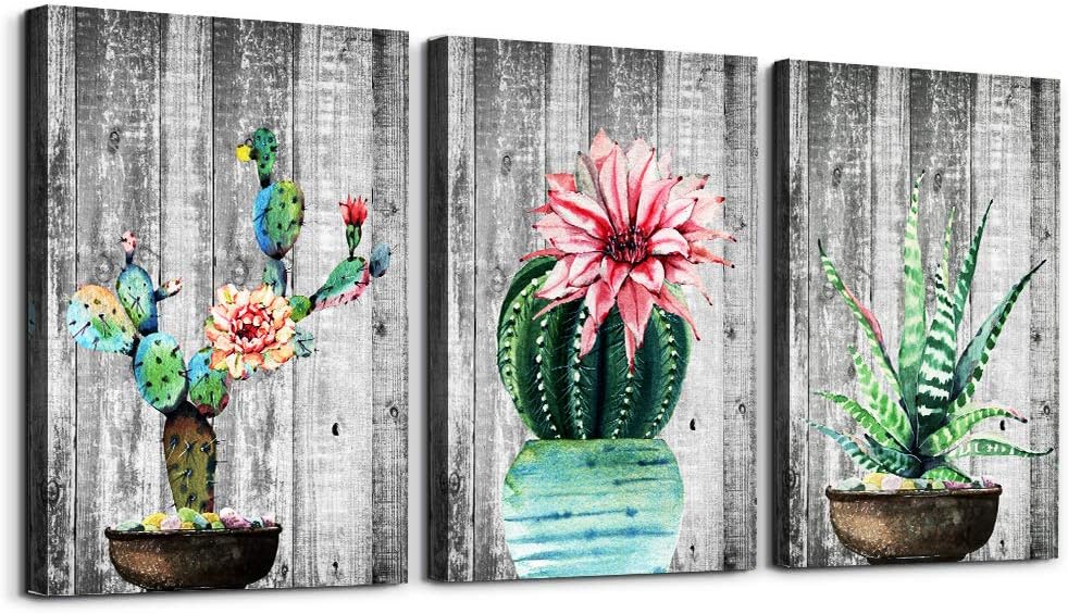 Green plants cactus potted Picture Wall Art for living room Canvas Prints Artwork bathroom Wall Decor Wood grain Watercolor painting 3 piece Framed bedroom wall decorations kitchen Wall painting