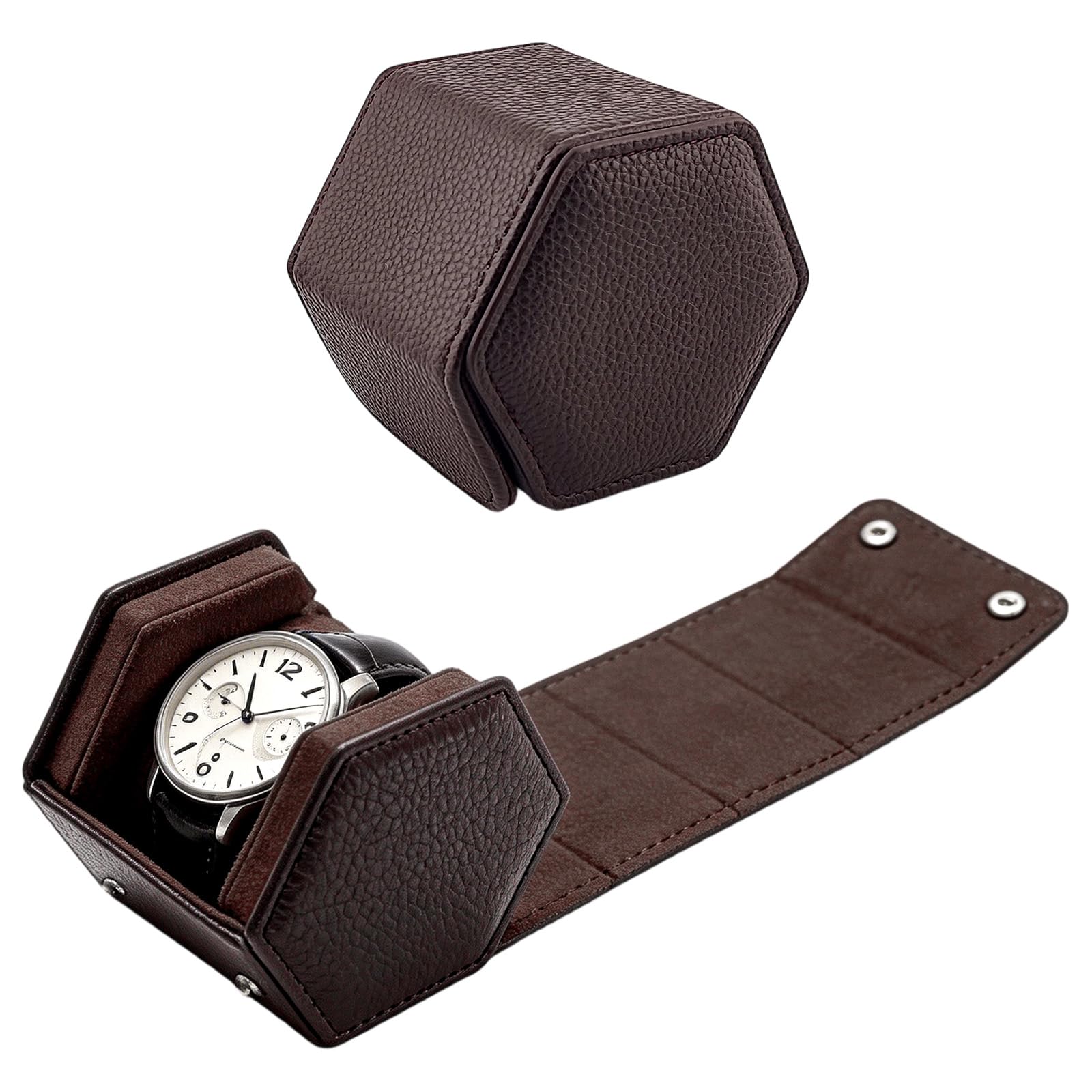 Étui de voyage hexagonal pour montres en cuir véritable marron