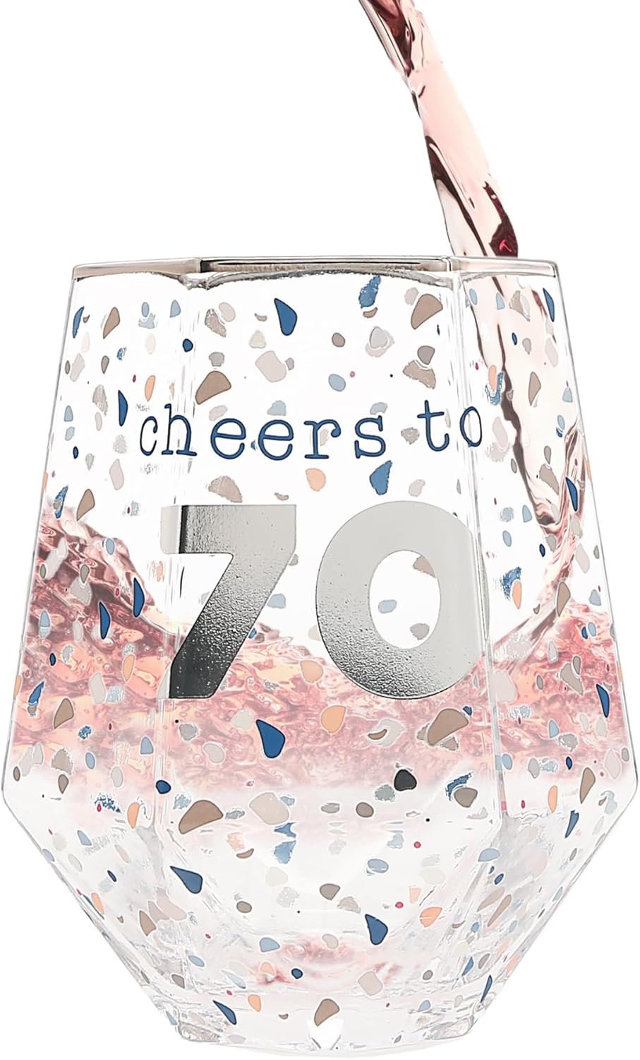 Pavilion - Cheers To 70-16 oz Geometric Speckled Stemless Wine Glass With Silver Electroplated Rim Happy Birthday Milestone Gift Present
