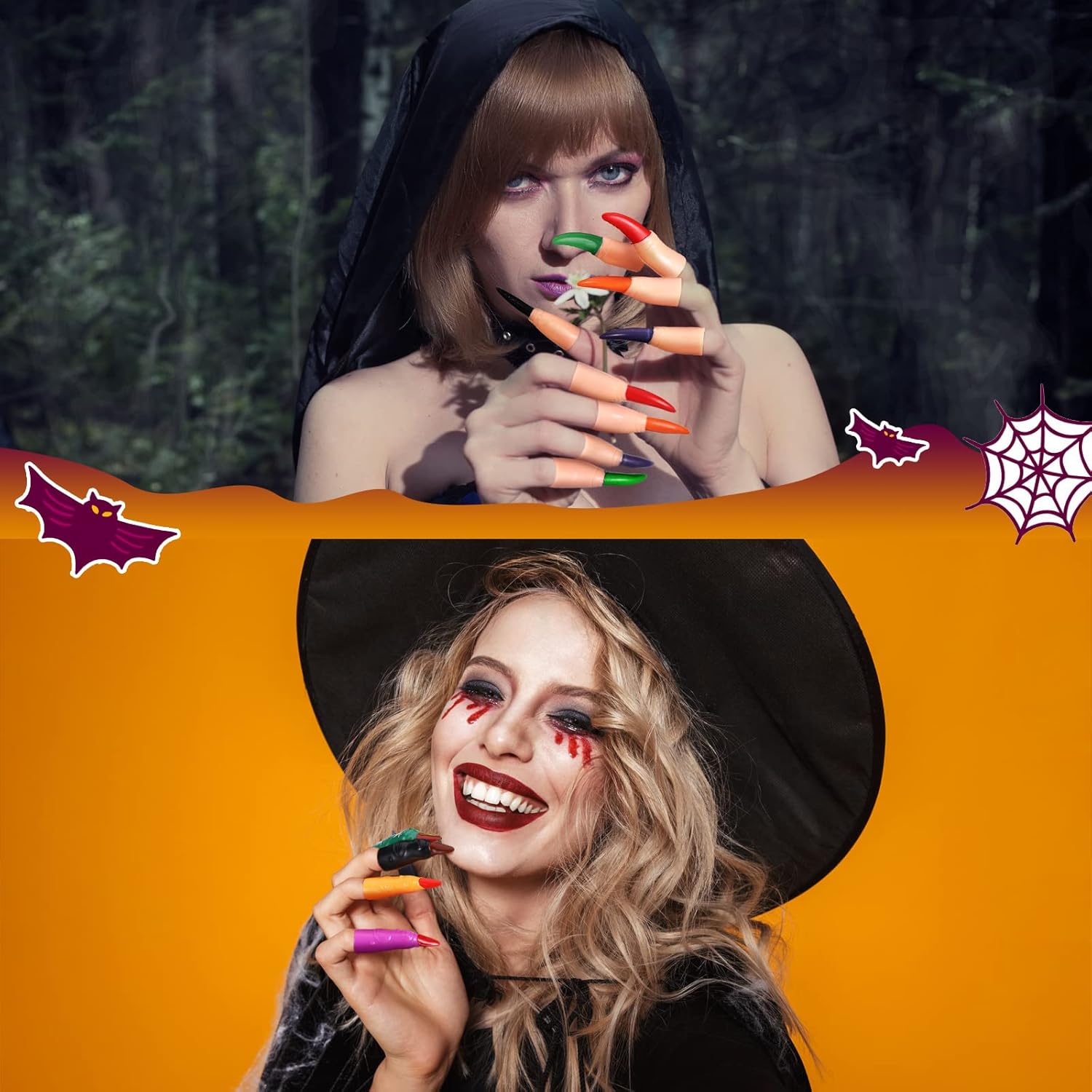 100 Pcs Halloween Witch Fingers for Reading, Fake Finger Pointer, Scary Halloween Costume Props, Zombie Witch Fake Fingers Nail for Vampire Costume Women Teen Cosplay Accessories, 2 Styles