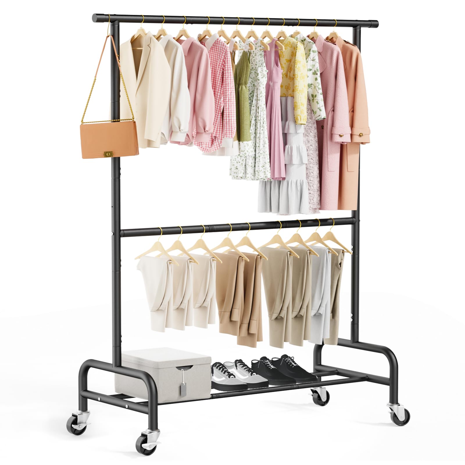 Abiglifty 2 Tier Clothes Rcks for Hanging Clothes Heavy-Duty Clothing Rack with Wheels 150LBS Capacity 42 W X15