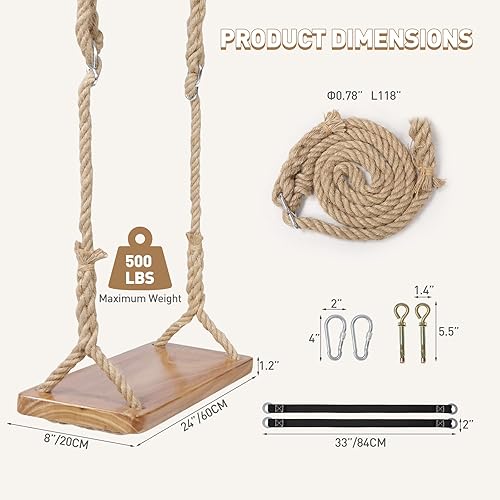 Miniatura 2 de RedSwing Columpio de madera para árbol, juego de columpios colgantes de árbol de 24 x 8 x 1.2 pulgadas para adultos, capacidad de carga de 500