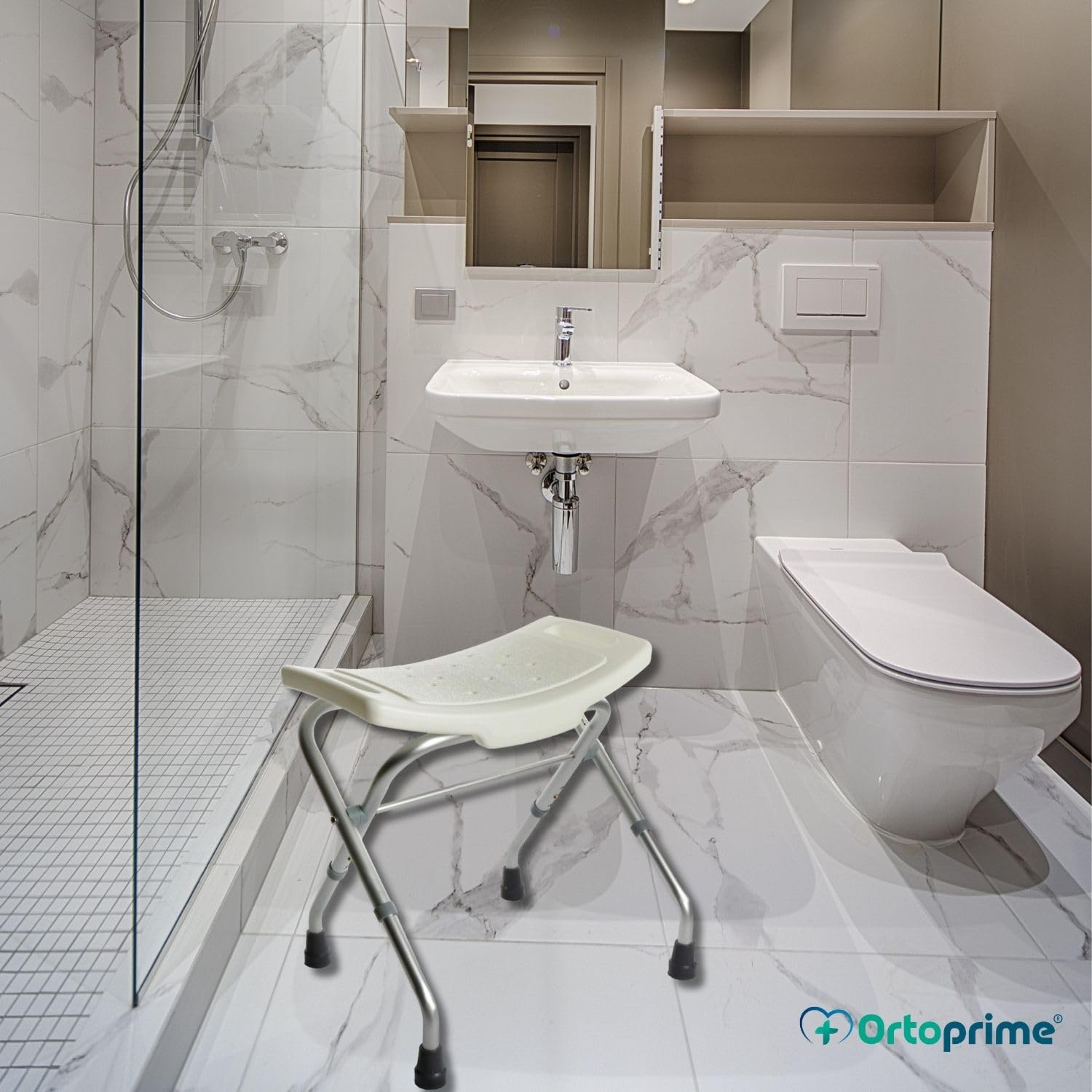 OrtoPrime Taburete Baño Plegable - Silla para Ducha Ortopédica - Asiento Bañera Portátil - Banqueta Antideslizante - Taburete de Ducha para Ancianos o discapacitados - Banco de Ducha