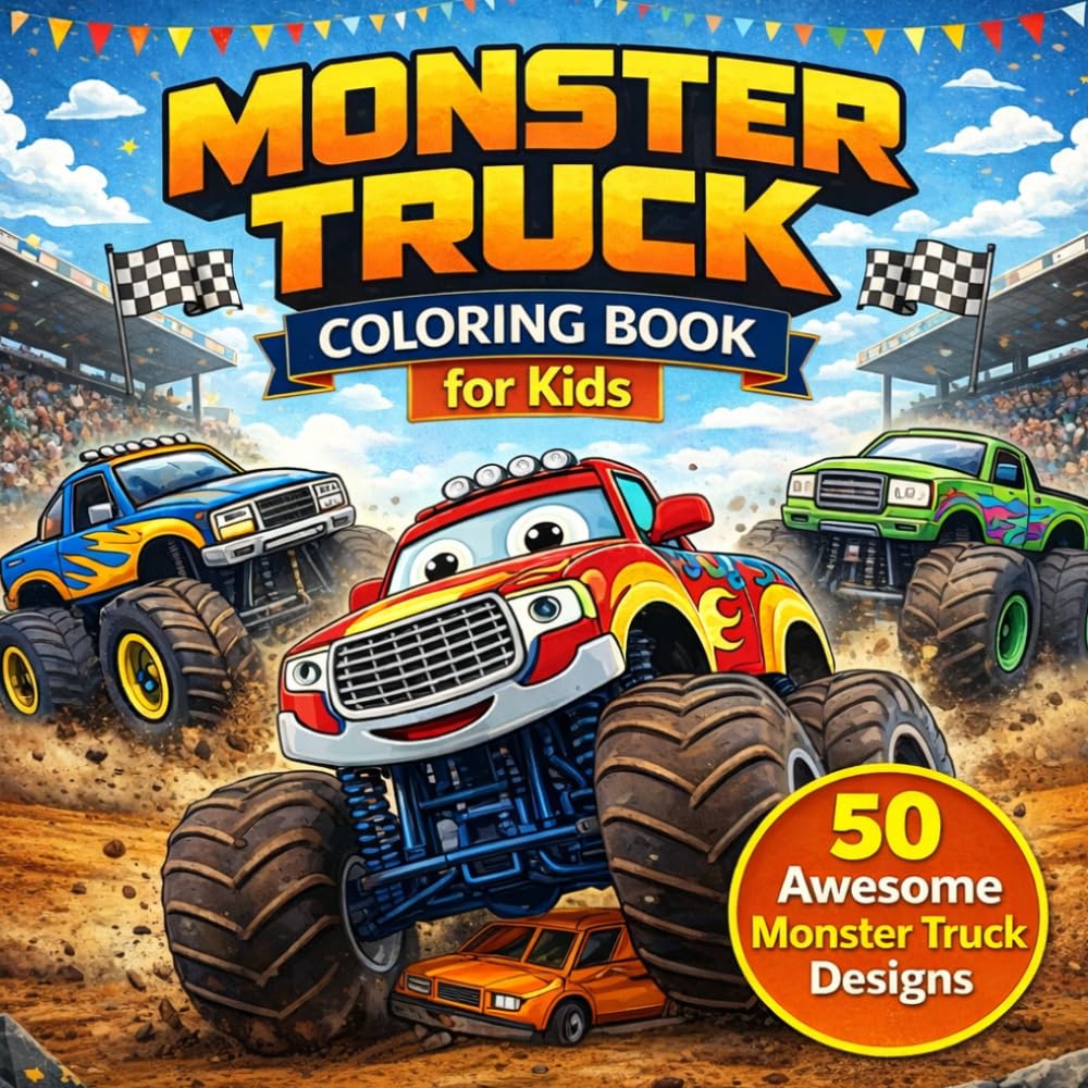 Mega Monster Truck Coloring Book for Kids Ages 4-10: Fun and Easy Monster Truck Designs with Jumps, Races and Big Trucks | Perfect for Kids Ages 4–10 | 50 Pages | 8.5 x 8.5 Inch