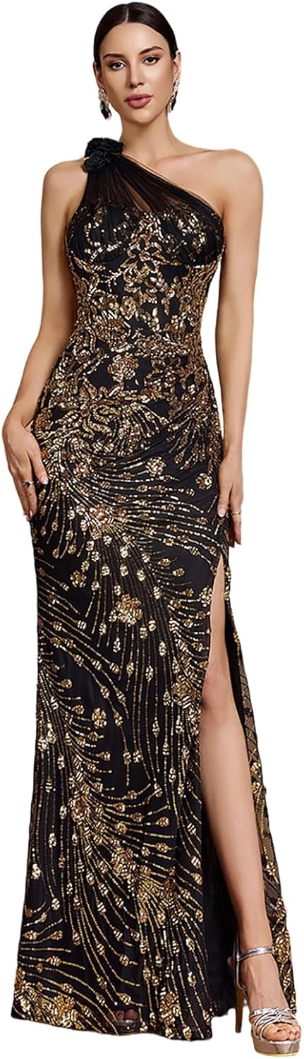 Formal Wedding Guest Dress for Women, One-Shoulder Mesh Flower Sequin Cocktail Dress with High Split and Sexy Design