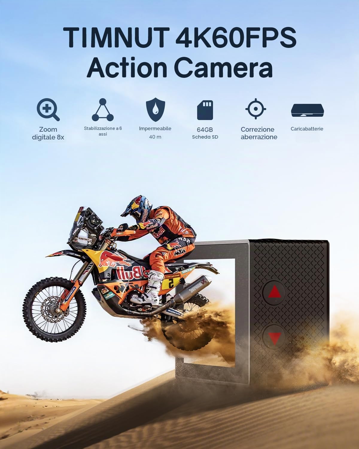 4K60FPS Action Camera 40M impermeabile subacquea con scheda SD da 64GB, stab. a 6 assi, fotocamera da moto con zoom 8x e telecomando 2,4GHz