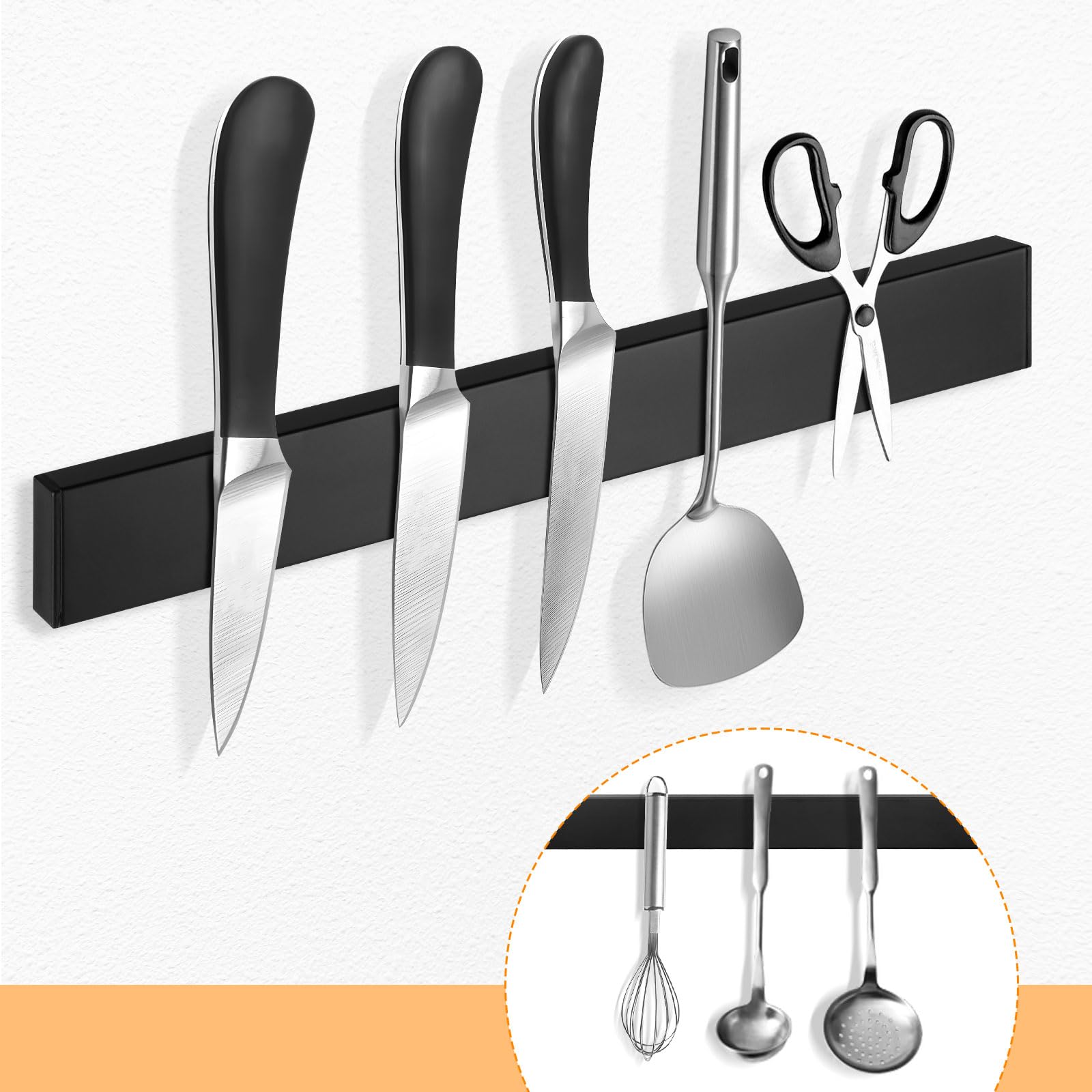 40cm Iman Cuchillos de Cocina, Negra Soporte Magnético Cuchillos Acero Inoxidable Cuchillero Magnético Puede sin Taladrar, Soporte Cuchillos Cocina para Espátulas, Tijeras