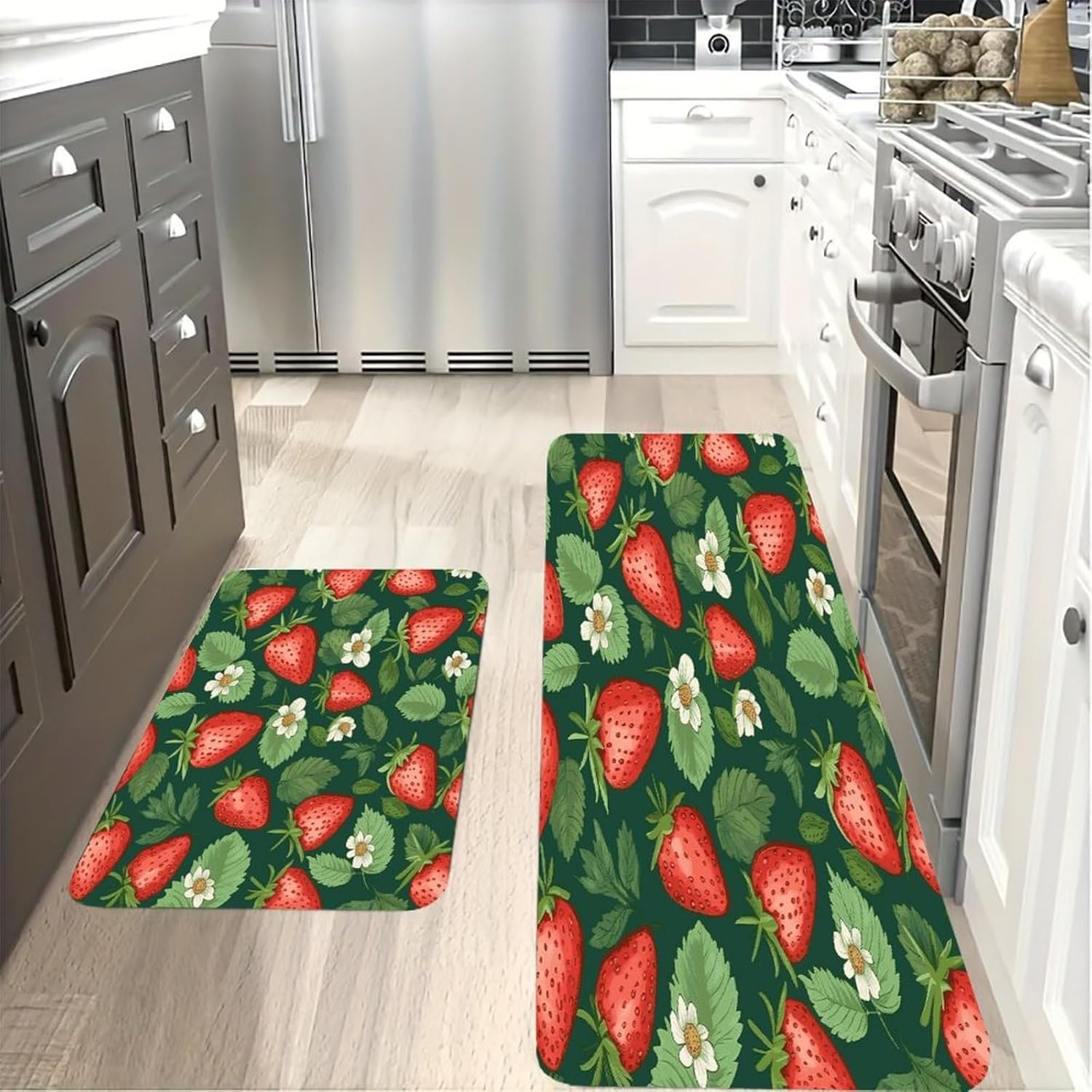 Fresh Strawberries and Leaves Kitchen Mats with 2PCS Non-Slip Washable,Kitchen Rug Heavy Duty Durable, Floor Mats for Kitchen,Office,Sink,Laundry