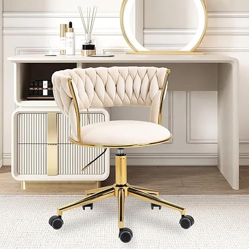 Yoluckea Silla de oficina de terciopelo – Silla de trabajo moderna giratoria de altura ajustable – Vanidad de tejido trasero, acento, silla