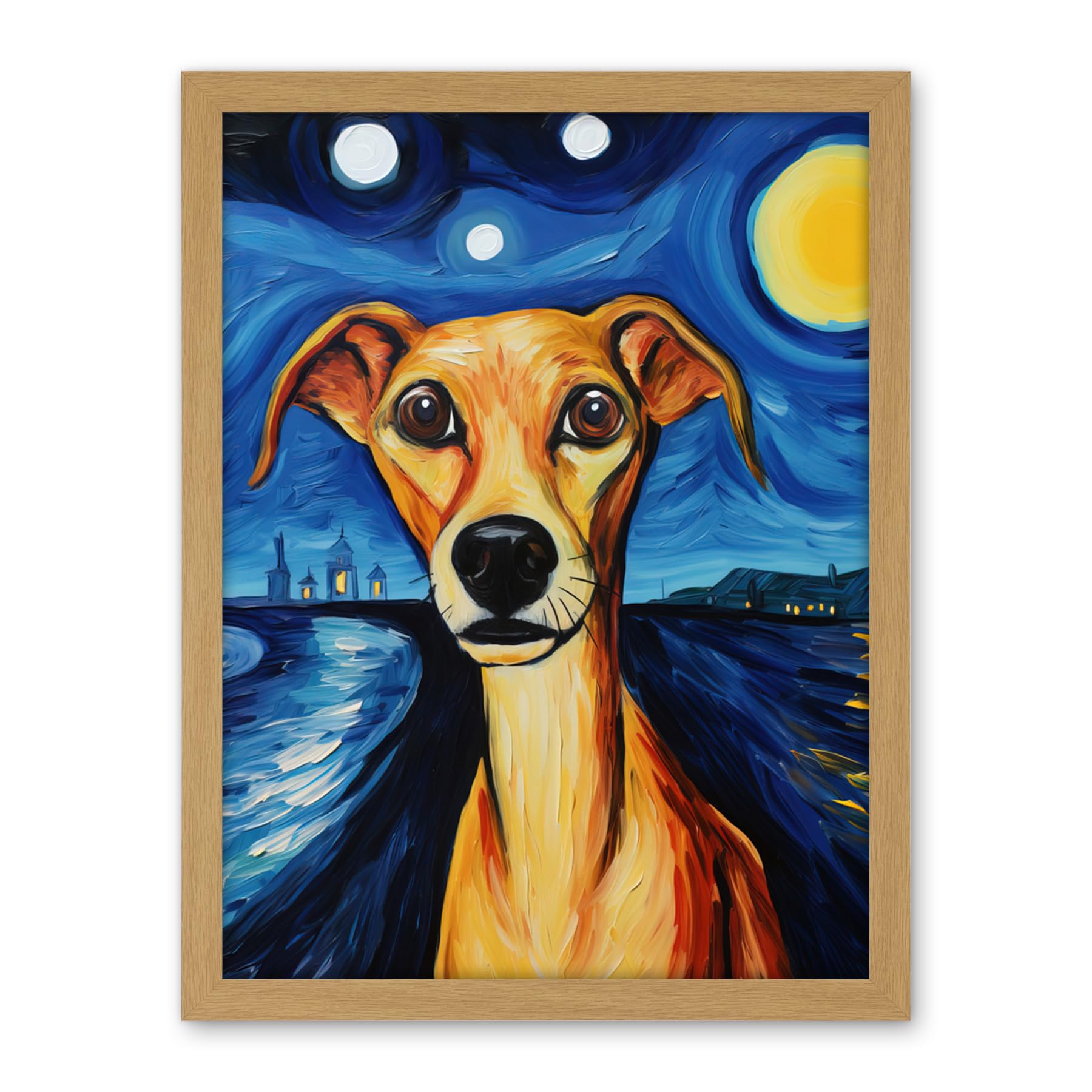 Artery8 Van Goghs Dog Artwork Night Scene Full Moon Blue Brown Yellow Oil Painting Artwork Framed Wall Art Print 18X24 Inch