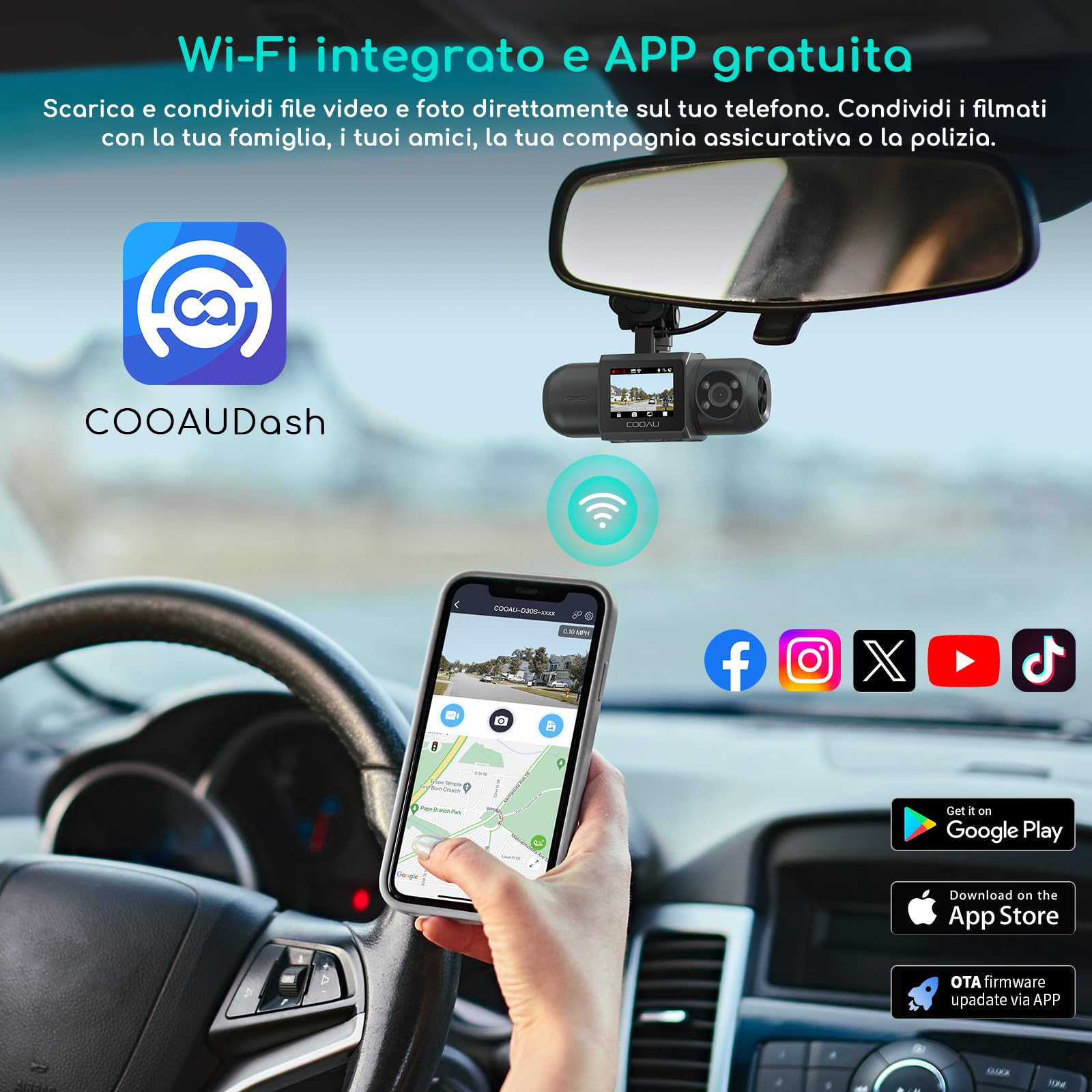 COOAU D30S 4K Dash Cam Auto con GPS Wi-Fi - Doppia Dashcam Auto Anteriore e Interna 2.5K 1080P, Con Visione Notturna a Infrarossi, Sensore G, Modalità Parcheggio, Registrazione in Loop
