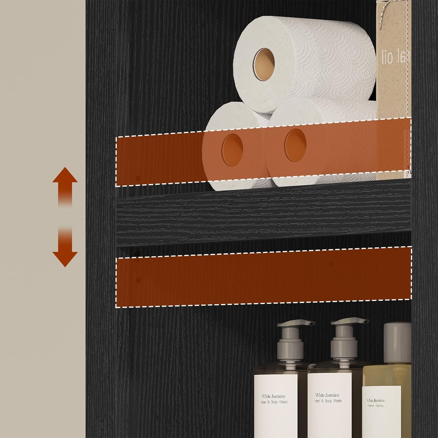 Close-up of adjustable shelves inside the cabinet