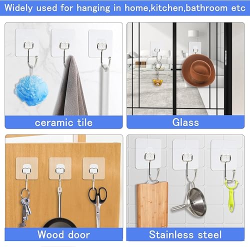 Miniatura 4 de Paquete de 20 ganchos de pared adhesivos grandes resistentes de 33 libras (máximo), ganchos de pared transparentes impermeables para colgar ganchos