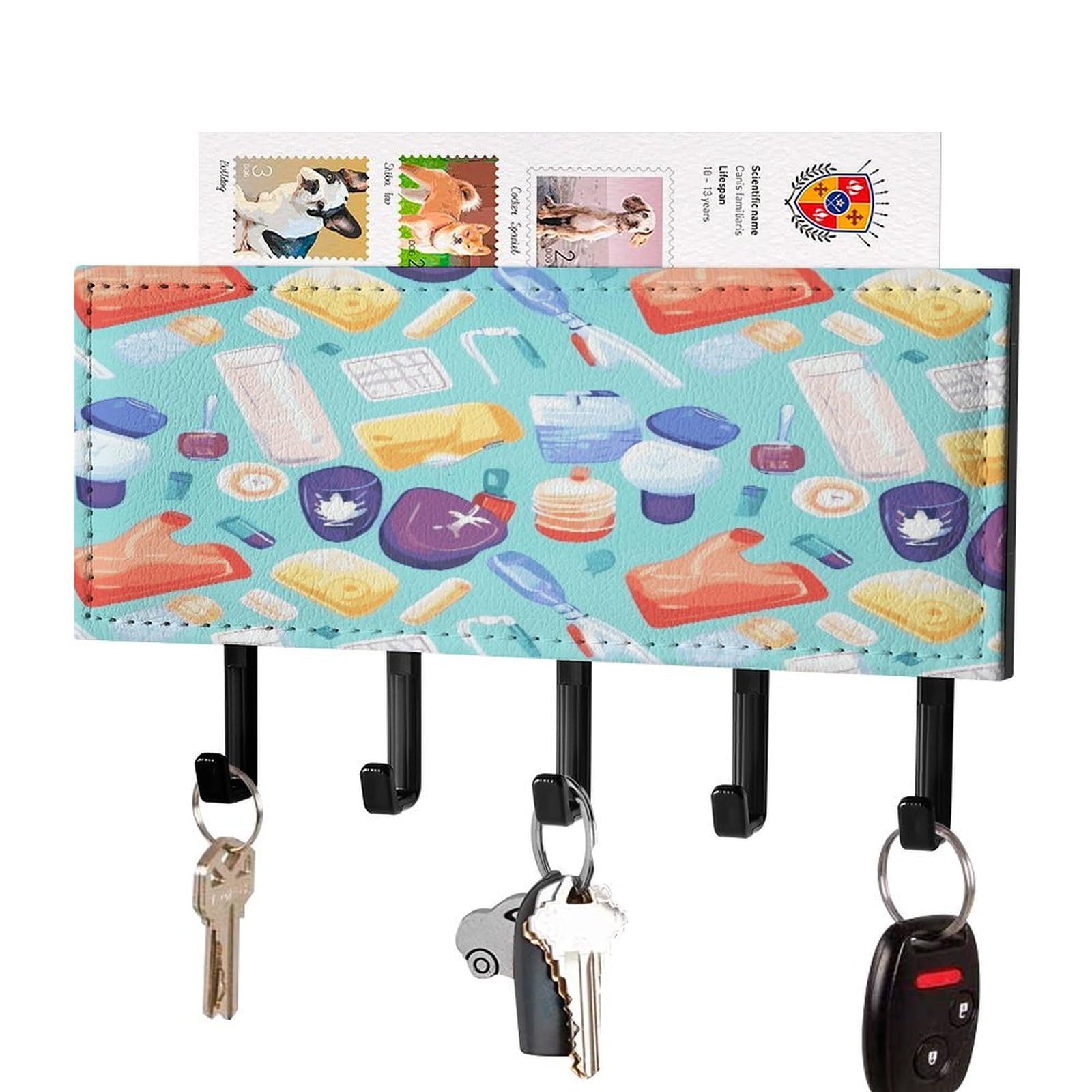 FekiLoot Gradient Medical Items Pattern Key Holder Wall Mount Key Hooks for Wall Decorative with 5 Hooks PU Mail Rack Organizer with Shelf for Entryway Mudroom Hallway Office 7.1X4.3 in