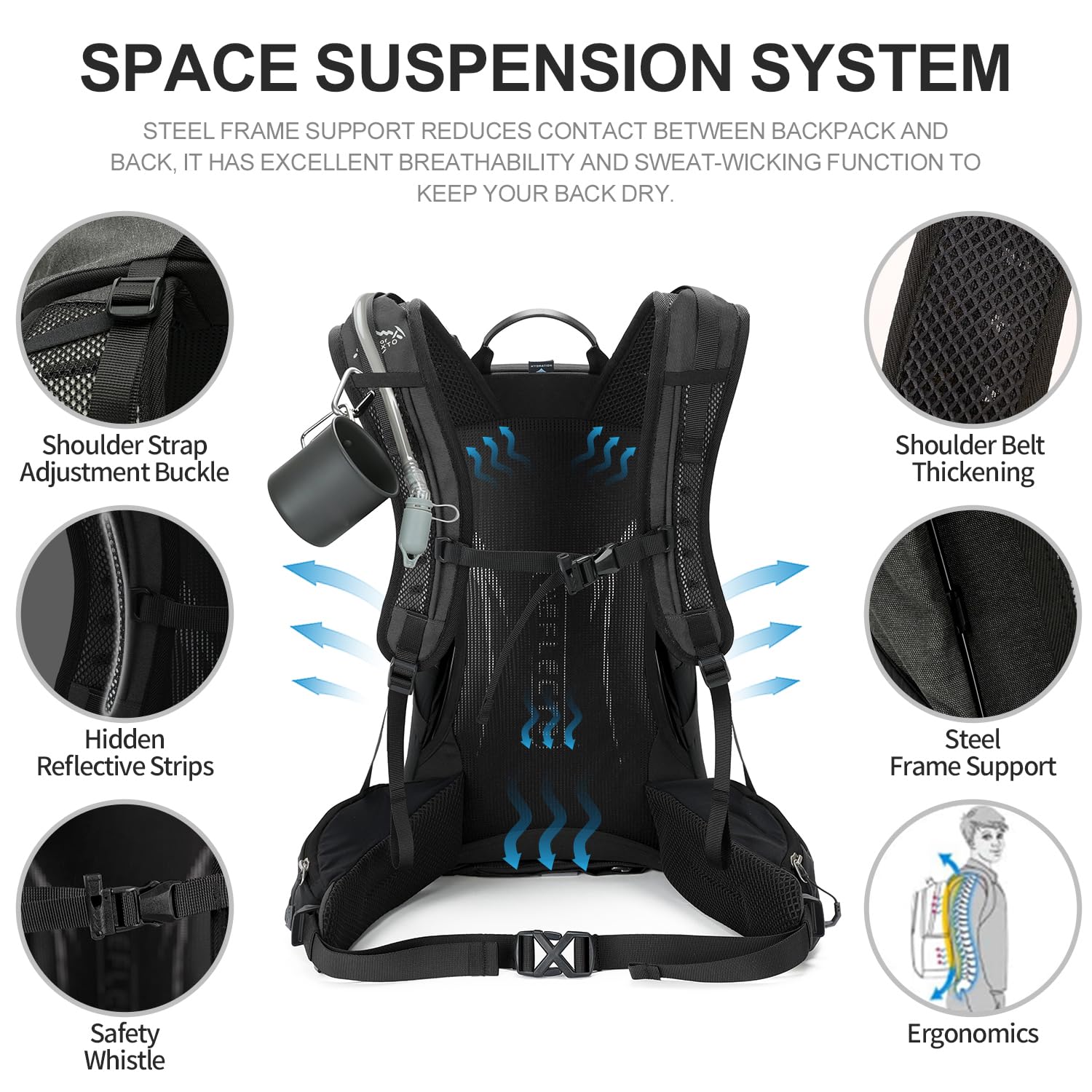 IX INOXTO Sac à dos de randonnée, sac à dos de randonnée imperméable de 35 l avec poche d'eau de 3 L et housse de pluie, léger pour voyage et camping