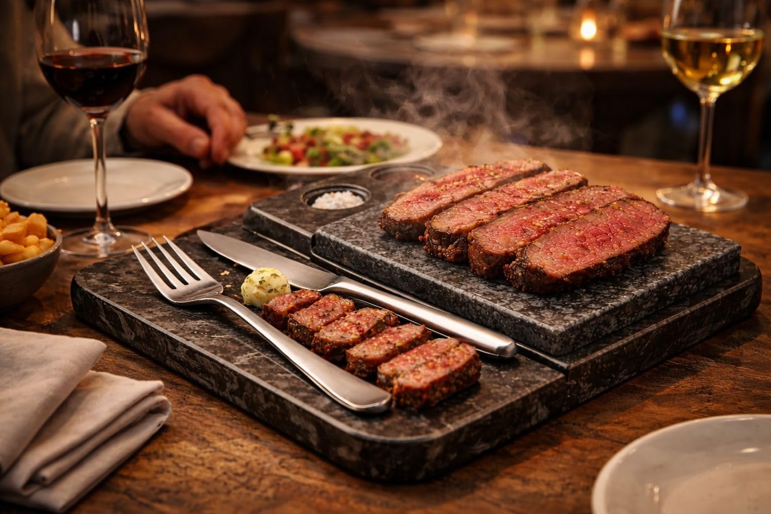 Heißer Stein Grill Set aus Speckstein & Granit – Hot Stone Steak, Steakbrett mit Ersatzstein, Servierplatte für Fleisch und Fisch