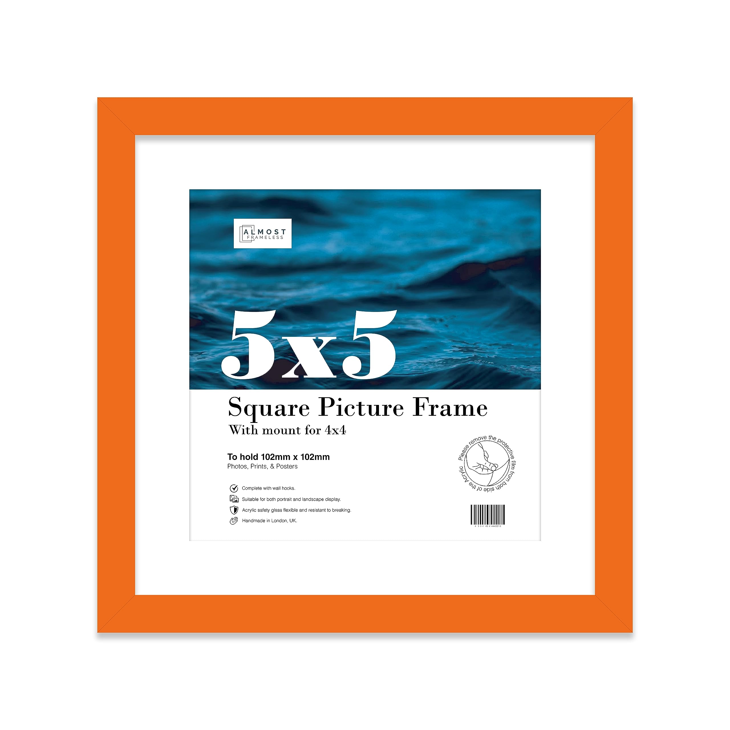 Almost Frameless 5x5 Picture Frame, Display Pictures 4x4 With Mat or 5x5 Without Mat, Wall Hanging & Free Standing Photo Frame, Orange, 1 Pack