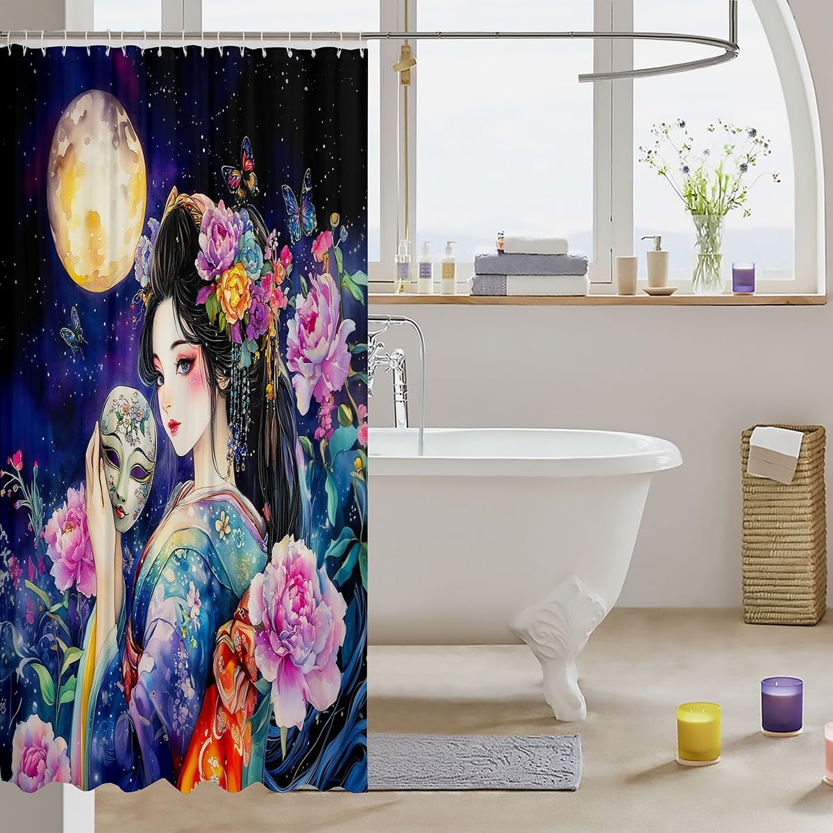 Castle Fairy Japanese Geisha Girl Shower Curtain,Pink Purple Floral Bathroom Curtain,Moon Starry Sky Night Waterproof Curtain for Kids Girls Woman Adult Room Decor,Exotic Ukiyoe Style Bath Curtain