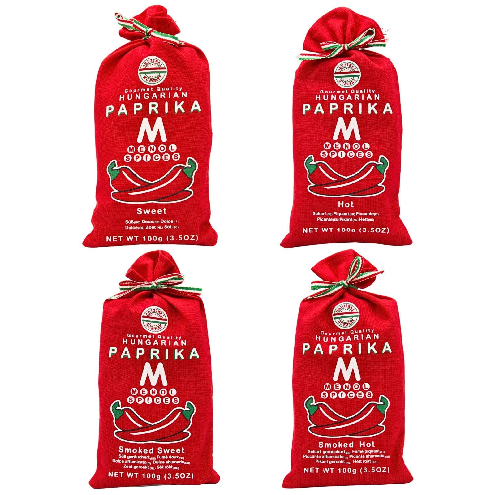 Menol Spices Coffret Paprika Hongrois 4 x 100g, Doux Fort et Fumé | Quatre sachets en tissu cousus main de paprika de Szeged : doux, fort, fumé doux et fumé fort, un cadeau de Hongrie