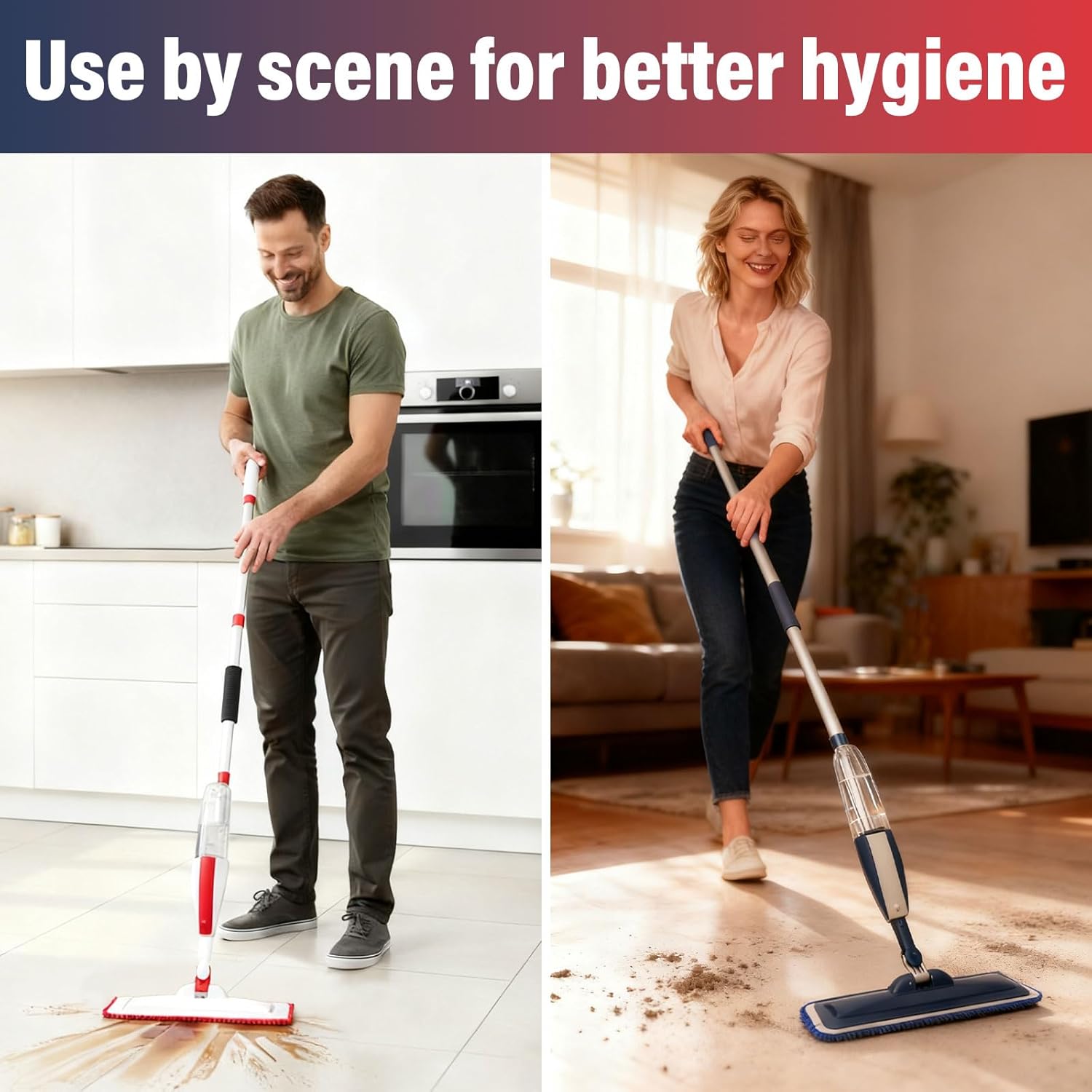 2 Pack Spray Mop for Floor Cleaning, Red & Blue Combo, Refillable 14 oz Bottle and 3 Washable Pads, Wet Dry Mop for Hardwood, Tile, Laminate, Home or Commercial Use