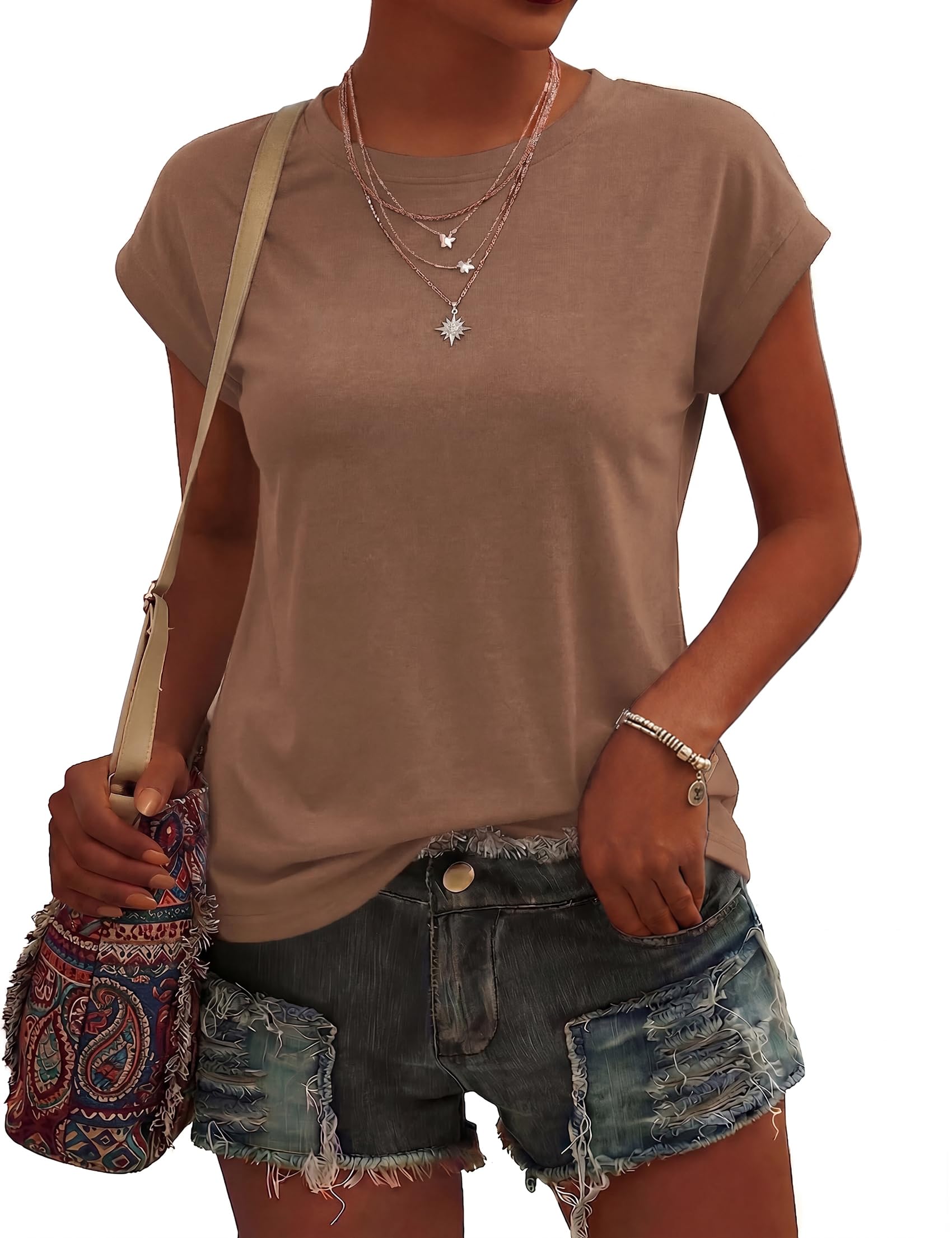 Wayleb Tshirt Damen Sommer Rundhals Oberteil mit Flügelärmeln, Basic Shirt Elegantes T-Shirt Casual Bluse Freizeit Lässiges Top S-XXL | Oberteil mit Flügelärmeln, Rundhals, Sommer