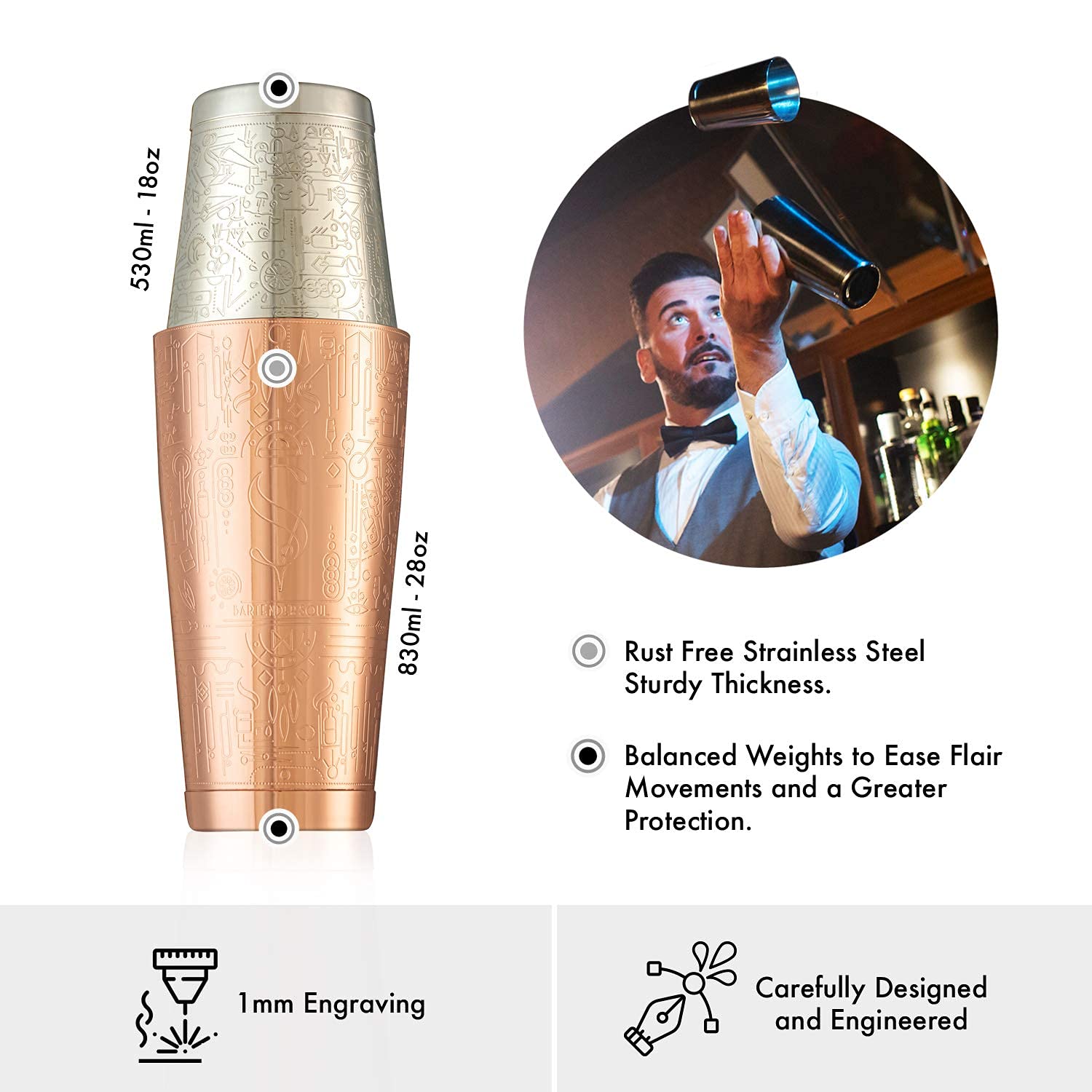Esclusivo Cocktail Shaker Boston - Rame - Set Completo Professionale, Jigger di Precisione, 2 Sottobicchieri Versatili e Guida alle Ricette - Alta Qualità per Garantire i tuoi Momenti Migliori