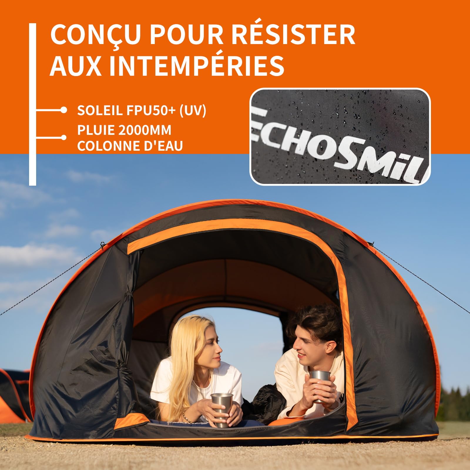 EchoSmile Tente de Camping Pop Up 4-8 Personnes, Imperméable, avec 2 Fenêtres en Maille Aérée, Dôme Portable et Légère pour Le Camping en Plein Air sur la Plage