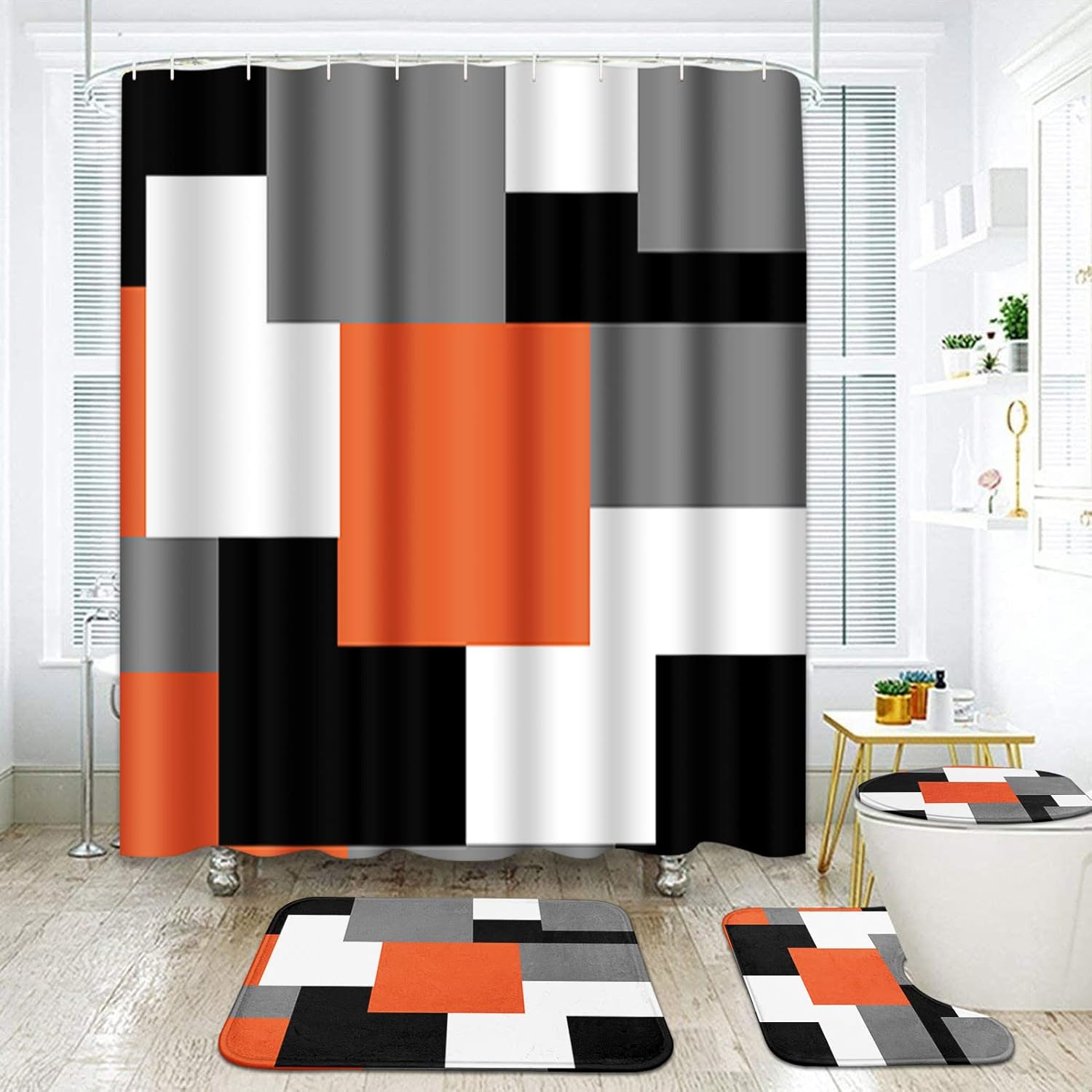 Geometric Orange Bathroom Set with Shower Curtain and Rugs