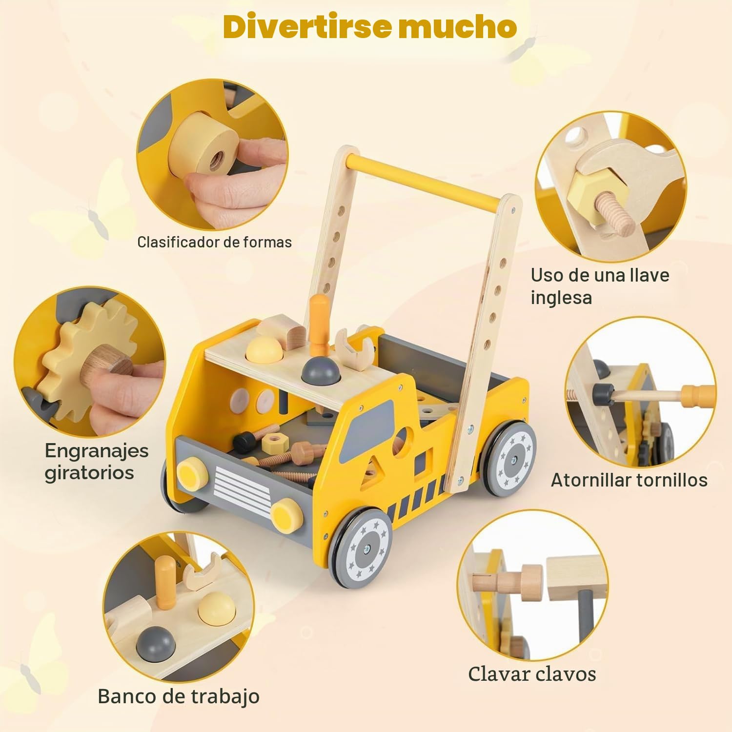 FANTASK Andador de madera, 2 en 1 Baby Walker, andador con centro de actividad múltiple y banco de trabajo, carrito para niños a partir de 1 año en interior
