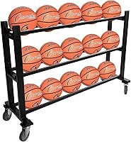 Champion Sports Deluxe Heavy Duty Basketball Storage Cart - Holds 15 Balls, Locking Swivel Wheels, Black Steel Rack