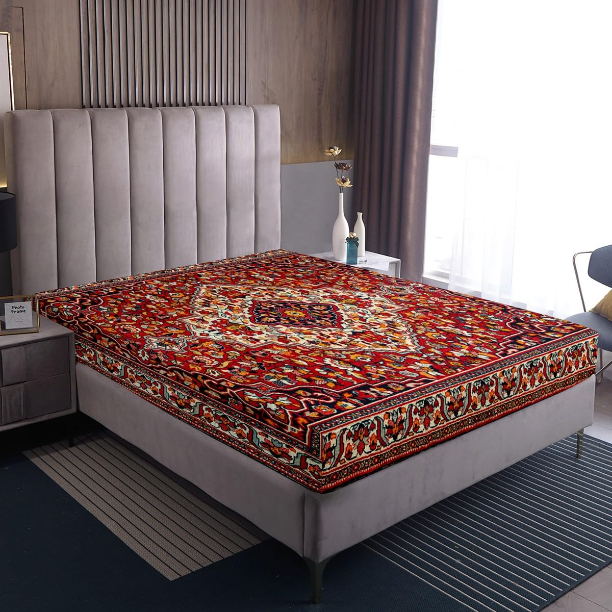 Orientalische Bettwäsche Vintage Spannbettlaken 160x200x30,Persische Blumen Bettwäsche Boho Tribal Bettwäsche Traditionelle Ästhetische Bettbezug,Hippie Paisley Mandala Dekor (Kein Top/Flaches Blatt)