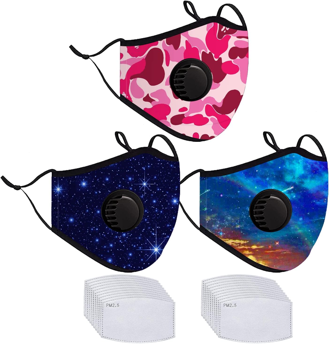 Reusable and Breathable Face Bandanas with Breathing Valve & 20pcs Activated Carbon Filters (3pcs+20filters)