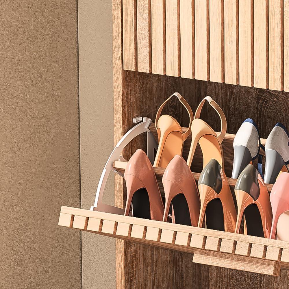 Drewniana szafka na buty z 3 klapami, stojak na buty, wąska, meble wejściowe, system zapobiegający przechyleniu, wolnostojąca do wejścia, przedpokoju i salonu, kolor drewna (Neu02)