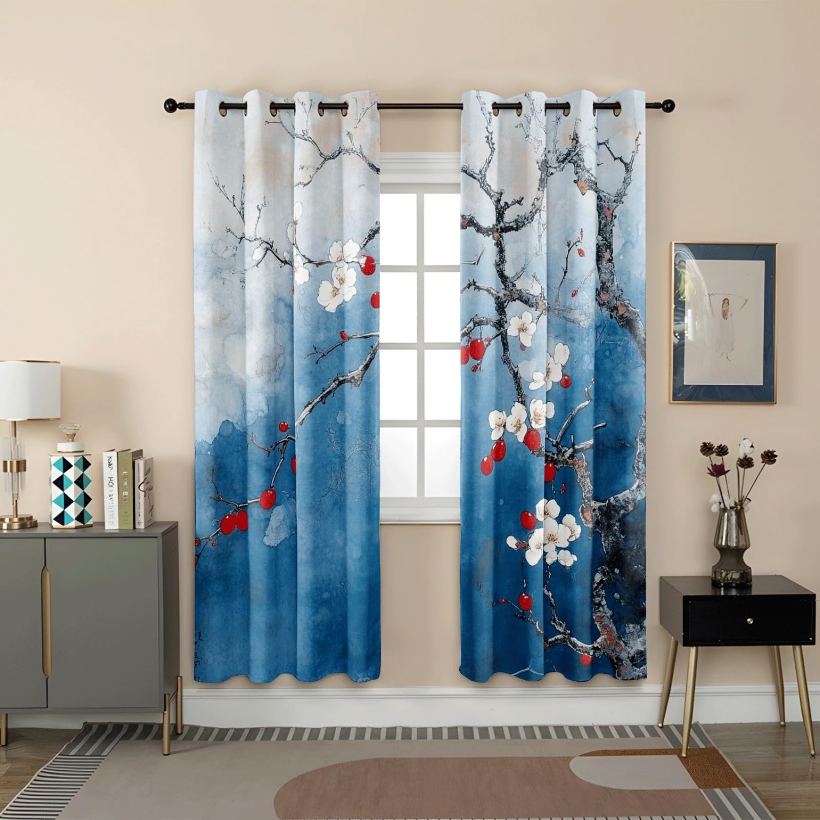 Curtain Blauer Baum Rot Gardinen Polyester Vorhang mit Ösen Blackout Curtain Waschbar Vorhänge mit Ösen Living Room Thermovorhang Schlafzimmer Verdunklungsvorhänge Blickdicht 2x140x160cm