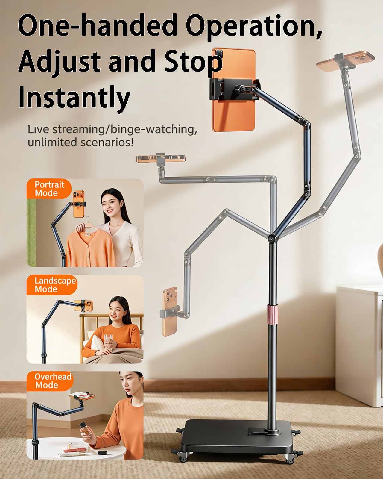 Soporte de Piso para Tableta, Soporte para Tablet con Brazo Ajustable de 720° con Patines con Freno de Pie de 360°, Chasis Reforzado, Soporte para Teléfono con Brazo Mecánico de 3 Secciones para Table