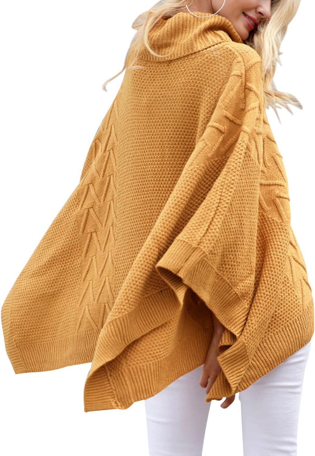 BerryGo Women's Chic Turtleneck Batwing Sleeve Asymmetric Knitted Poncho Pullovers Sweater - Image 2