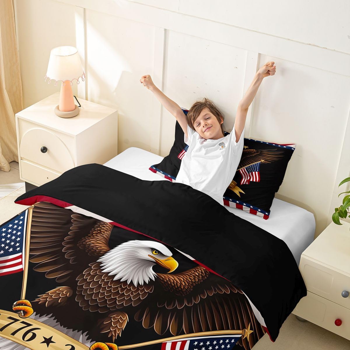 Erosebridal American Flag Toddler Duvet Cover 4th of July Comforter Cover for Kids Teens Eagle Patriotic Independence Memorial Day Microfiber Bedding Set Brown Blue Red Striped Bed Set with Zipper