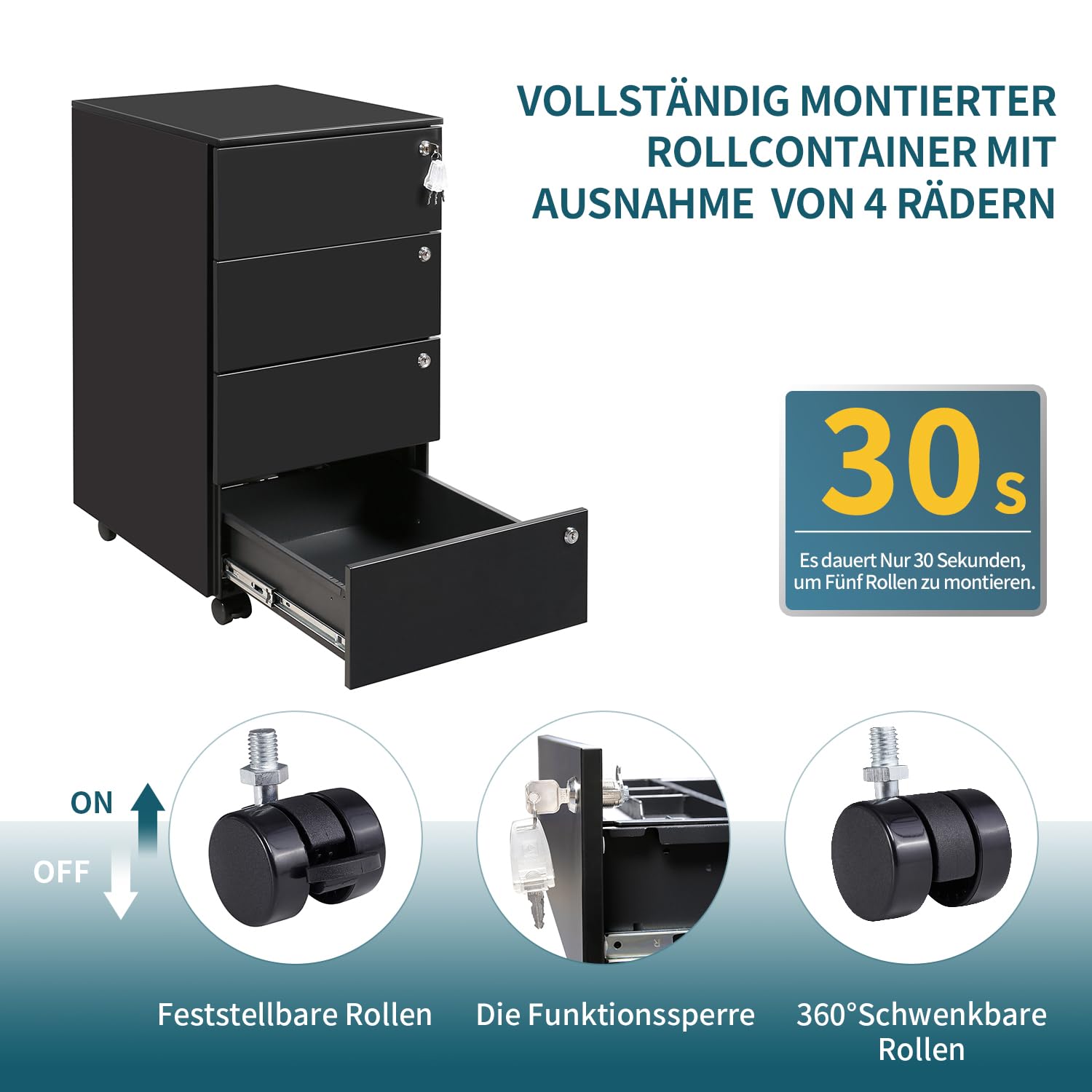 Rollcontainer mit Schubladen, Mobiler Aktenschrank unter Schreibtisch, Abschließbarer Büroschrank, Druckertisch, 4 Schubladen 4 Schlüssel, Vormontiert, Büro, Homeoffice, Schwarz