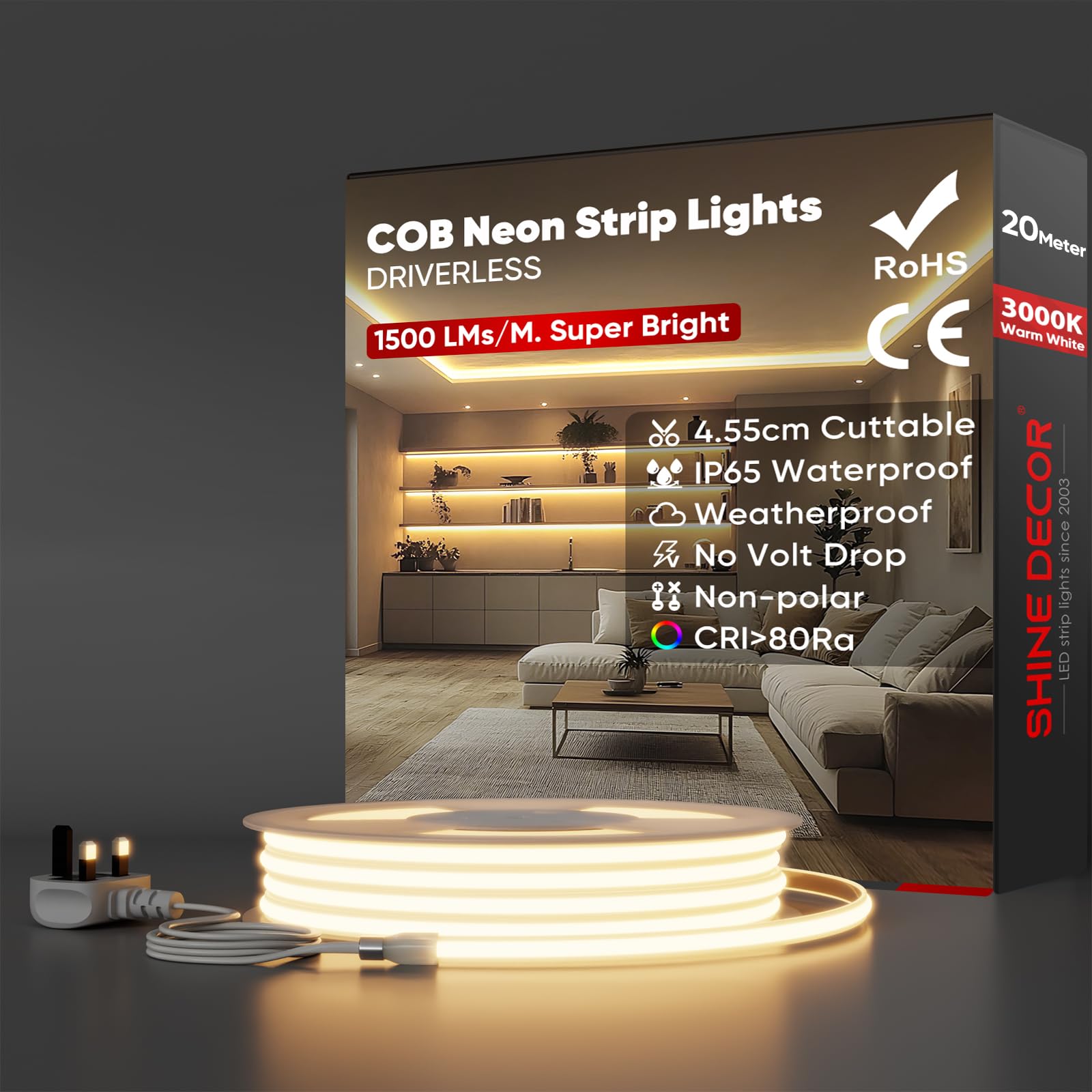 Shine Decor Flexible COB LED Strip Light,AC 220V 230V IP65 Waterproof,Cut Every 4.55 cm,286 LEDs/m Ultra-High Brightness with UK Plug for Kitchen Wardrobe Garden (20 m,Warm White,CE Certified)