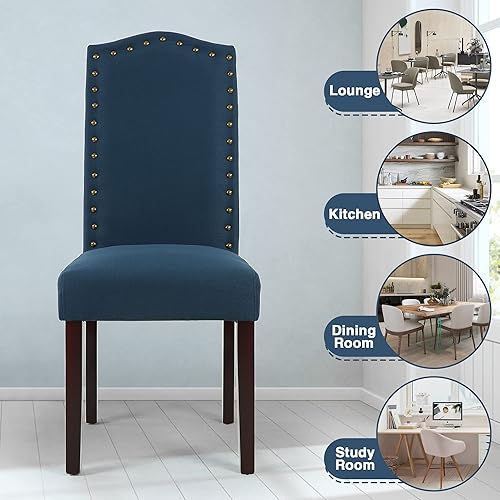 Miniatura 7 de LSSPAID Juego de 2 sillas de comedor Parsons tapizadas de tela con respaldo alto, silla de comedor con ribete de cabeza de clavo, color azul