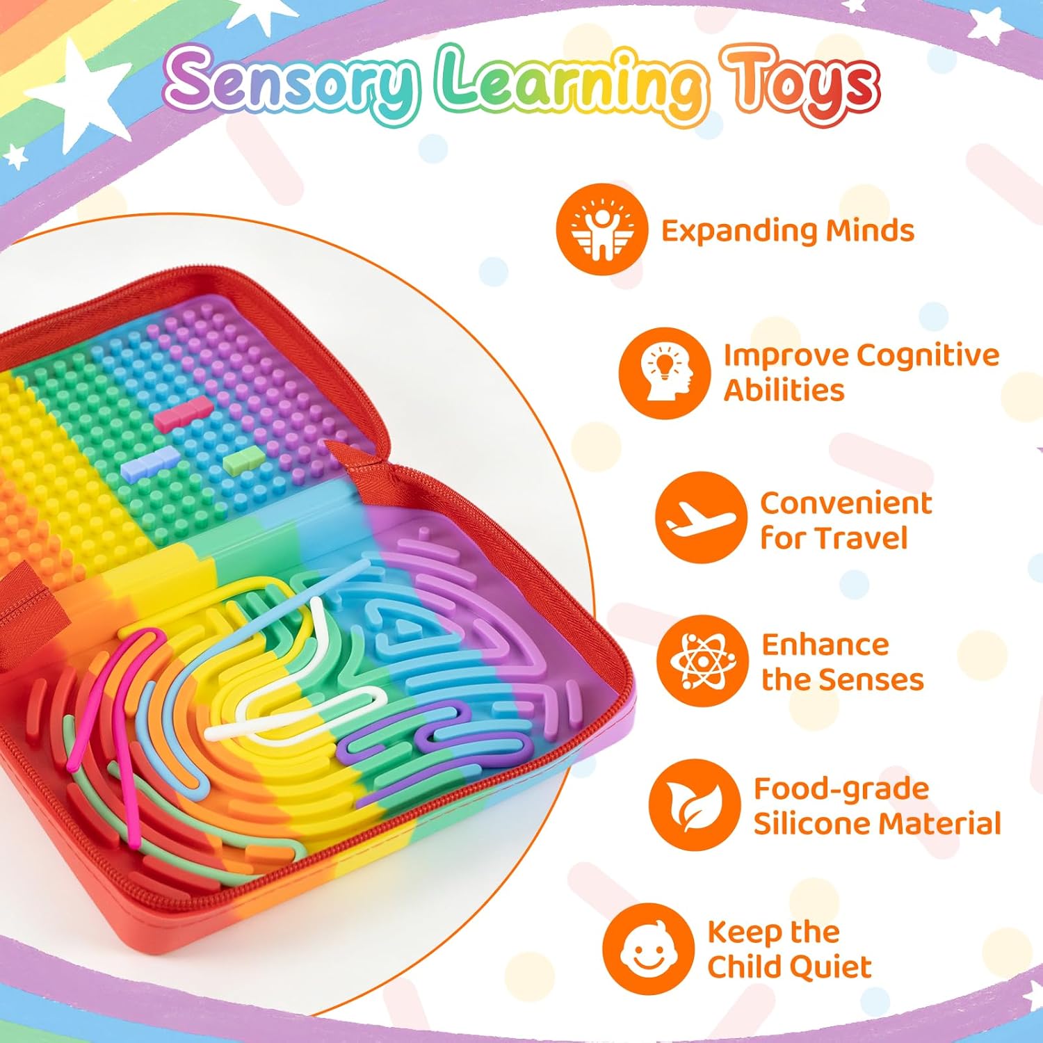 Sensory Activity Board for Kids with Zipper Case, 3-in-1 Rainbow Silicone Portable Travel Fidget Toy for Kids Toddlers 3+, Autism ADHD Calming Toy for Fine Motor Skills Development