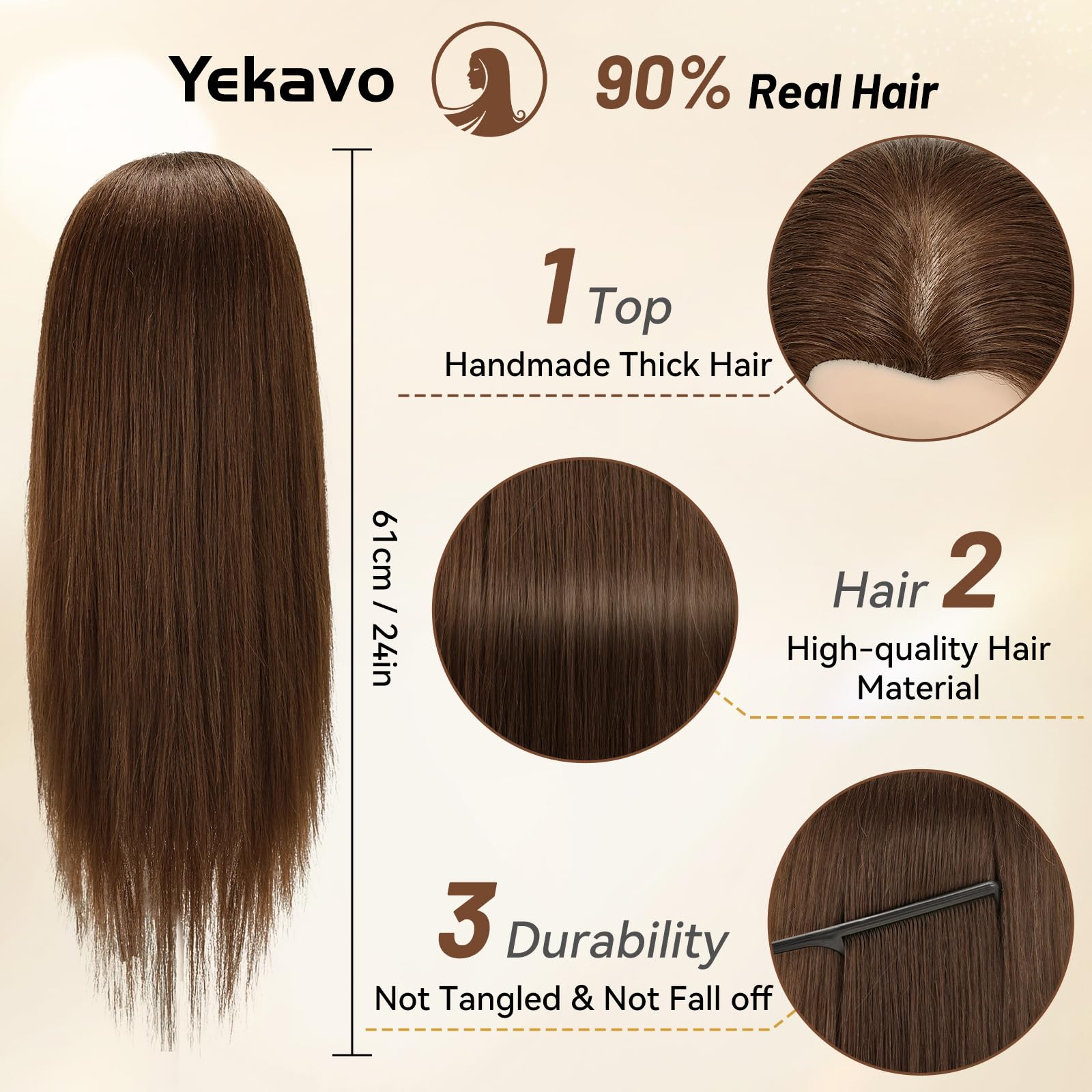 Frisierkopf, Frisierkopf mit 90 % Echthaar, 61 cm, Puppenkopf für Haarstyling, Kosmetologie und Training, Stylingkopf mit Tischklemmenhalter, Braun