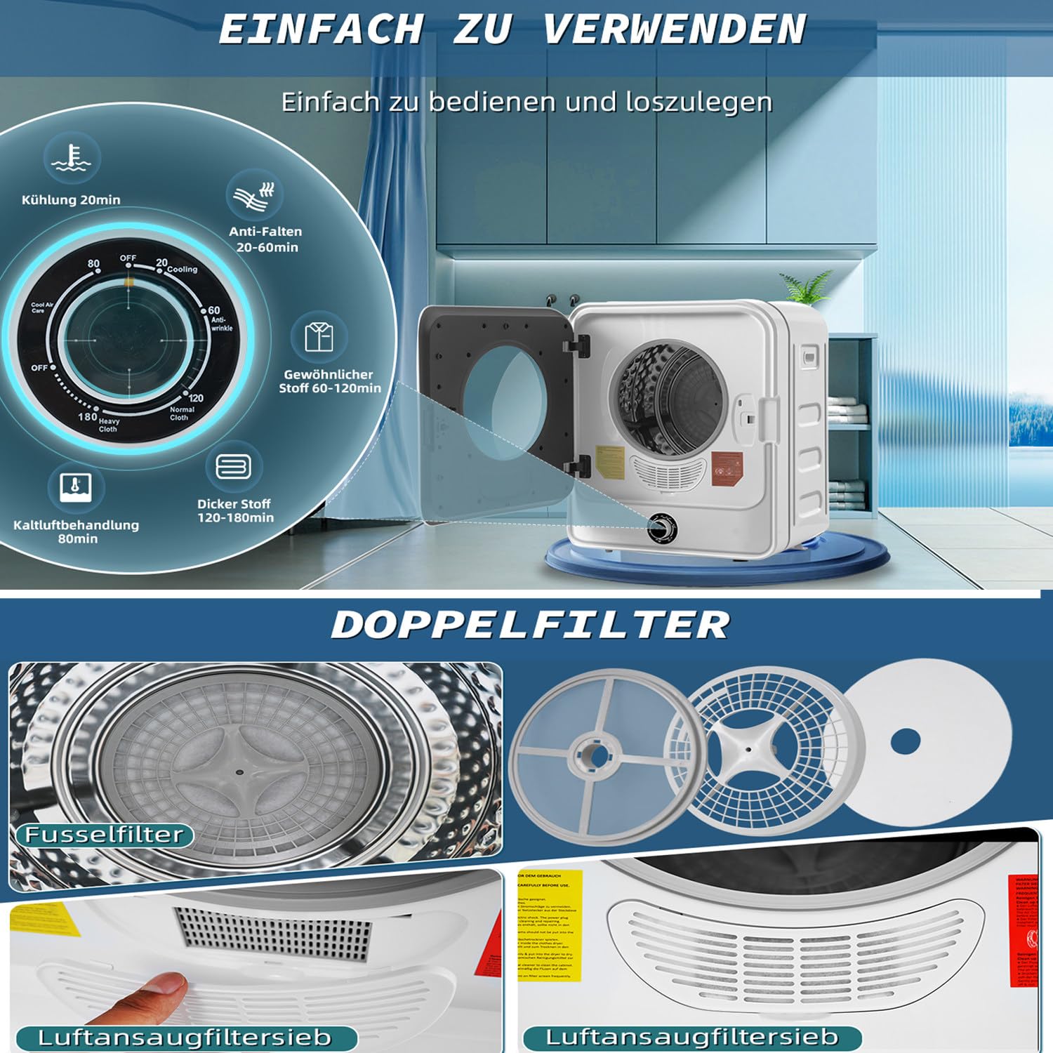 Suszarka Bębnowa Do Prania 4,5Kg Suszarka 830W Automatyczne Suszenie,Konstrukcja Antywibracyjna,Kontrola Komfortu, Delikatny System Suszenia,Wolnostojąca Lub Montowana Na ścianie