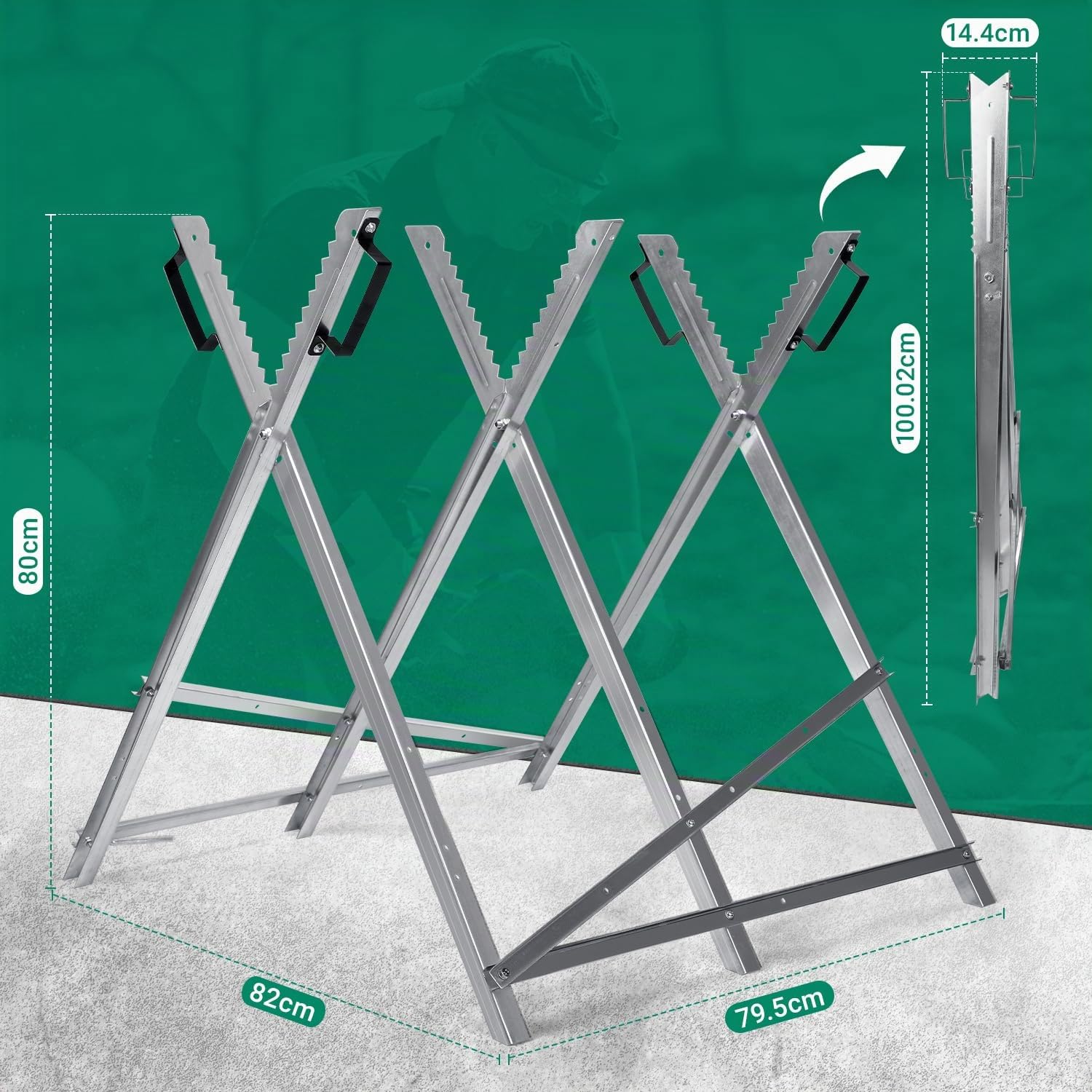 Cavalletto in metallo zincato e pieghevole, con 3 supporti per denti, portata fino a 150 kg, supporto per seghe a catena, per tronchi di alberi fino a Ø 23 cm
