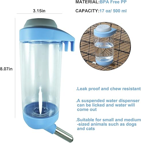 Miniatura 2 de Botella de agua para perros  Dispensador de agua para mascotas sin goteo de 17 onzas, botella de agua de jaula fácil de usar para perros, gatos,