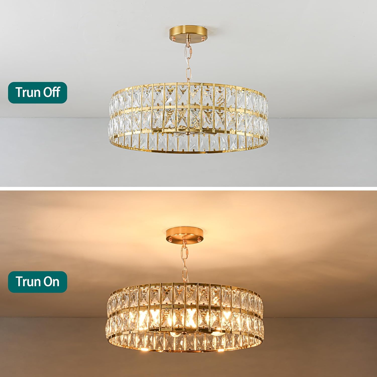 Crystal Chandelier for Dining Room, 17.7'' LED Luxury Modern glass Mount Chandelier Fixtures, Round Kitchen Hanging Drum Pendant Lights Ceiling for Living Room Bedroom Foyer, with 6pcs*5W Bulbs (Gold)