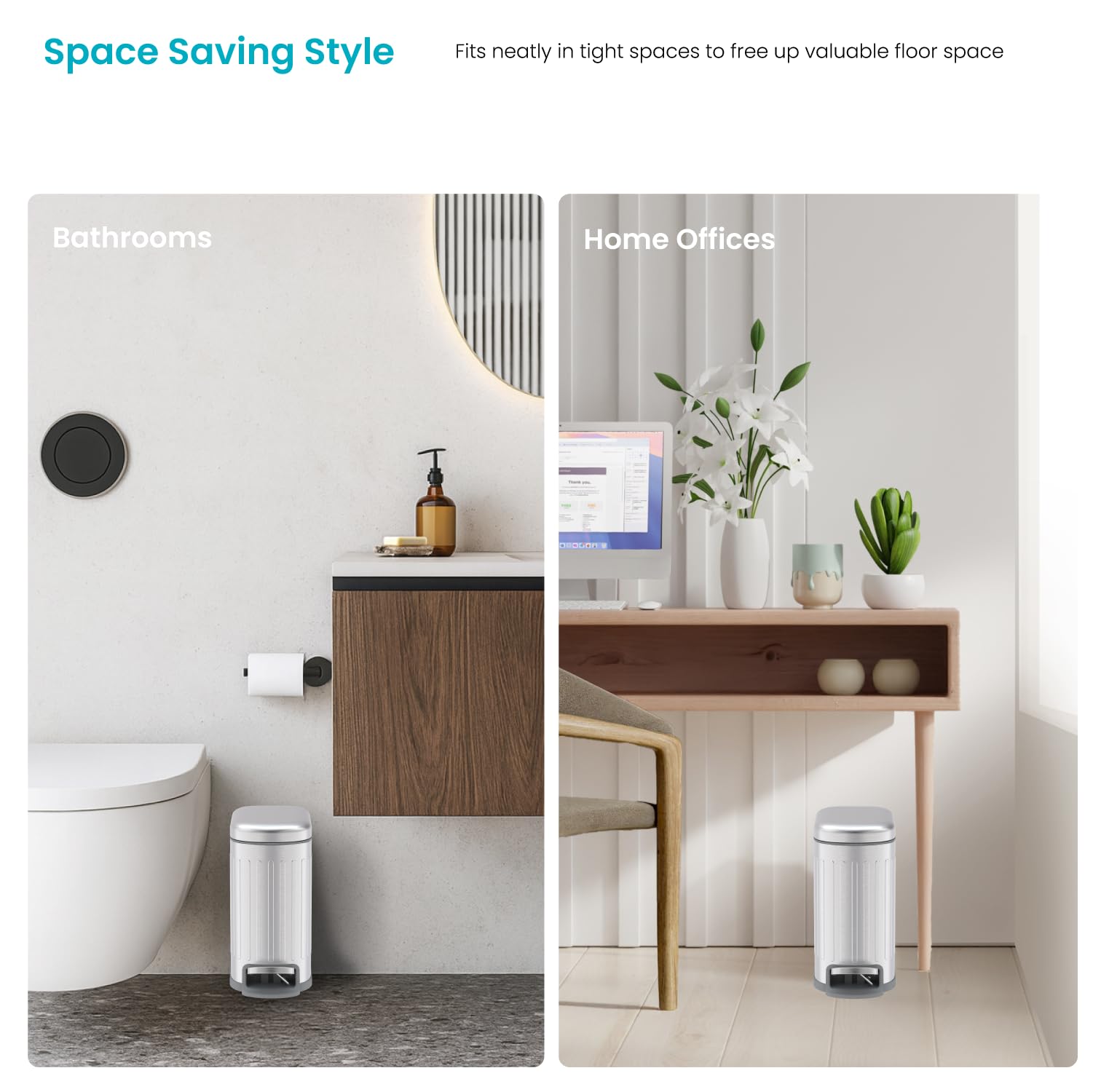 Home Zone Living Kleiner Mülleimer mit Deckel und Trittpedal, Edelstahl mit schlankem Rippen-Design, für Zuhause und Büro, silberfarben, 5 Liter