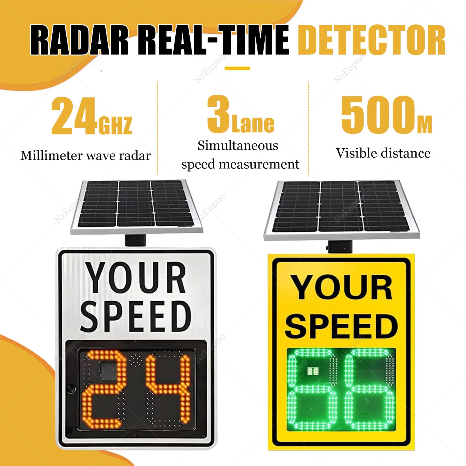 SeñAl De TráFico Con Radar Y Control Remoto, Resistente Al Agua, Con Indicador Solar Y Sensor De Velocidad, Detector De LíMite De Velocidad Para La Seguridad Vial En Calles Y Barrios Yellow-20''×27''