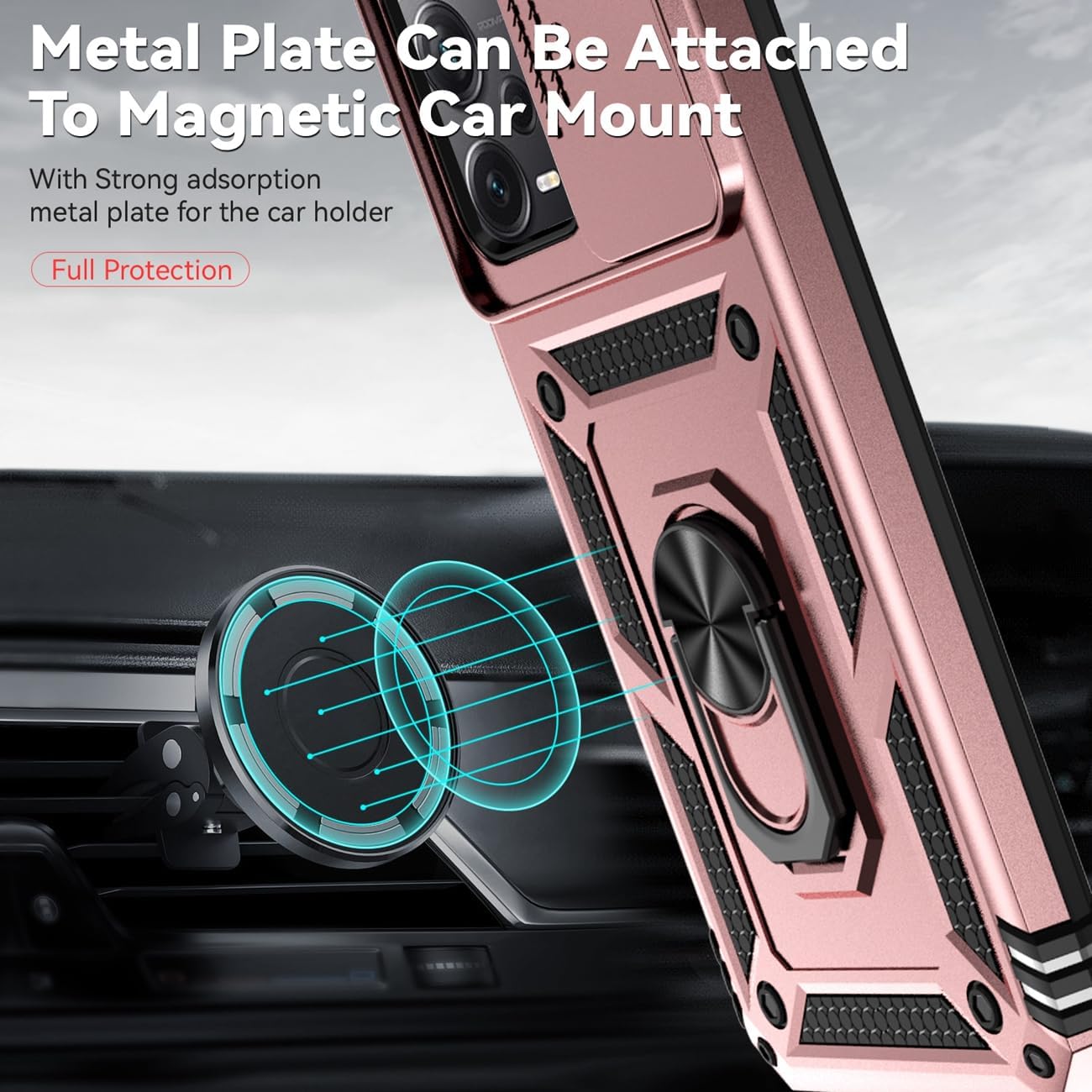 for Redmi Note 12 Case, Poco X5 5G with Tempered Glass Screen Protector and Slide Camera Cover, Magnetic Ring Car Mount Holder Kickstand Protective Cover for Xiaomi Redmi Note 12 5G Rose Gold - Image 6